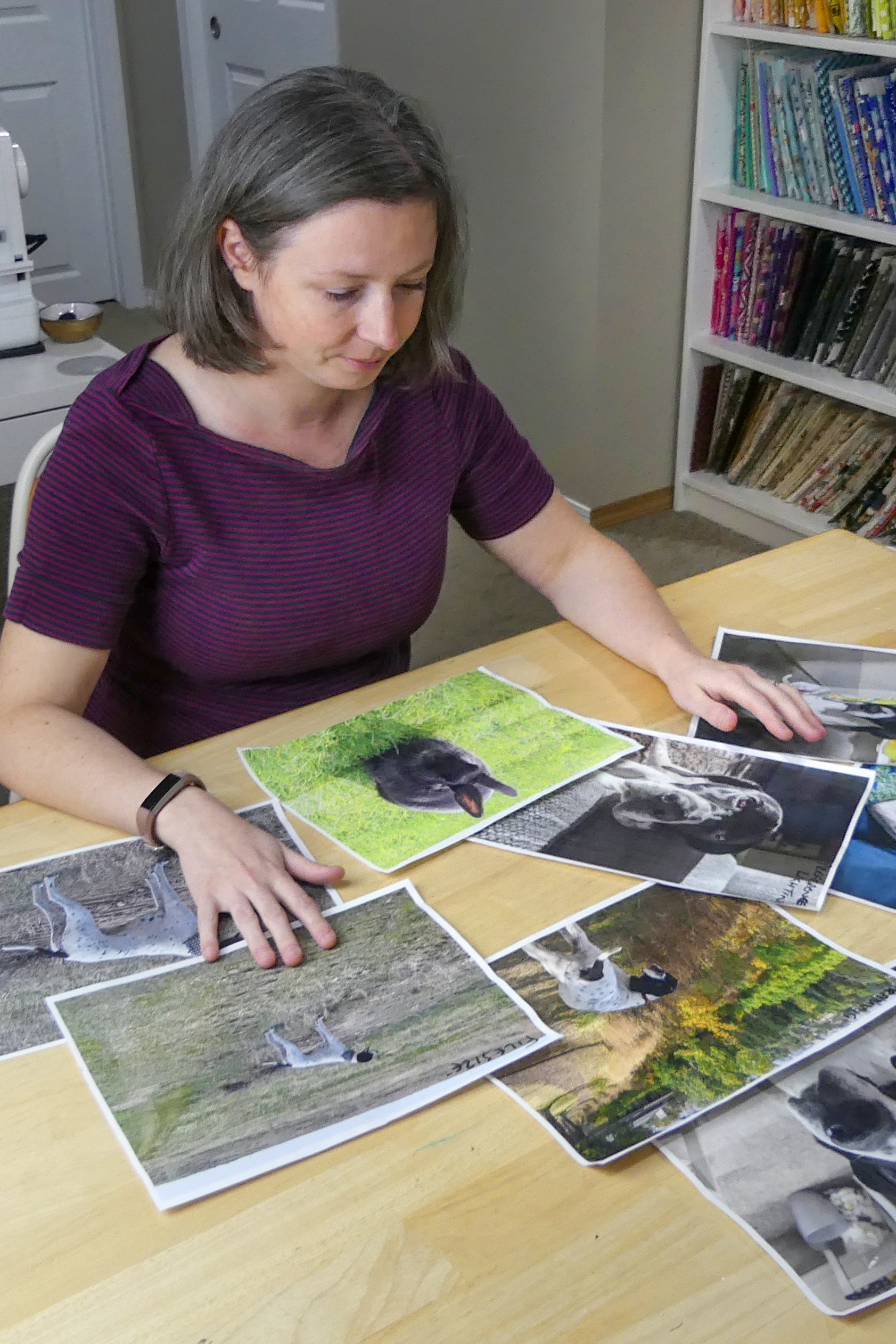 A woman with shoulder-length brown hair arranges pet photos at a table, preparing a Design Your Own Paint By Numbers Quilt: Pet Portraits by Creative Spark. Colorful fabric shelves in the background hint at her unique wall-hanging plans.