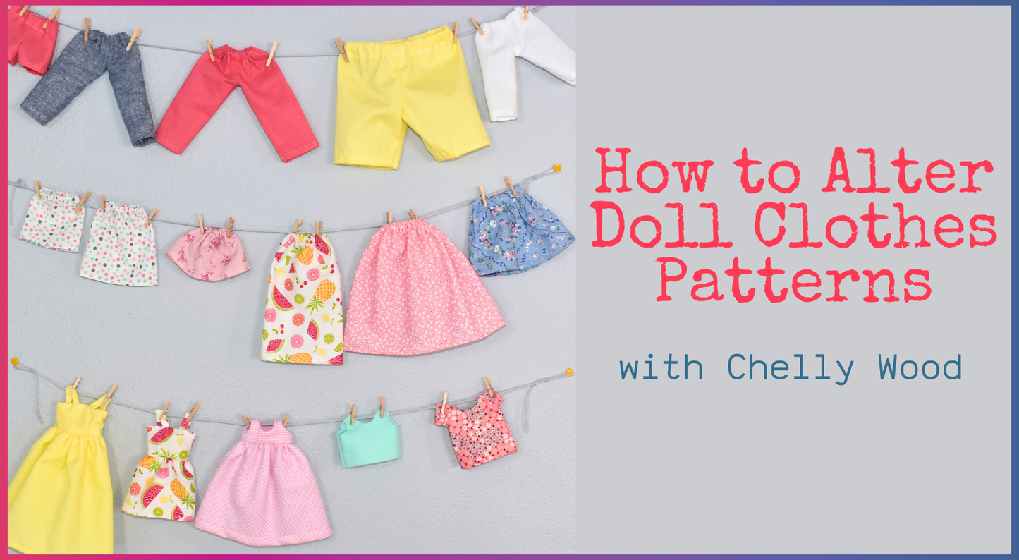 Children’s doll clothes in various styles hang on a gray wall. Text: “How to Alter Doll Clothes Patterns by Creative Spark—learn tips and alter patterns for a perfect fit.”.