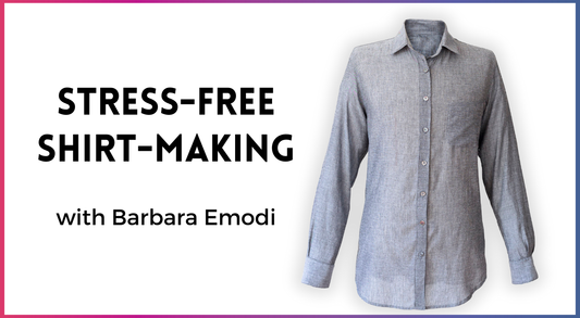 A gray button-up long-sleeve shirt featuring "STRESS-FREE SHIRT-MAKING with Barbara Emodi" on a white background—ideal for those eager to master shirt-making and expert sewing, from Creative Spark’s Stress-Free Shirt-Making.