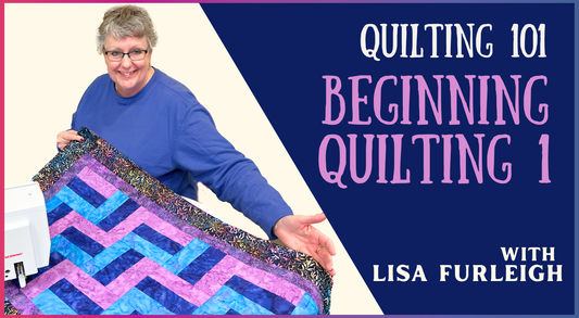 A smiling person holds a colorful quilt beside the text Quilting 101: Beginning Quilting 1, featuring Creative Sparks expert guide Lisa Furleigh, set against a blue and purple background.
