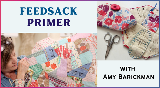 A woman sews a vibrant quilt from vintage feedsack fabric. Nearby, handmade needle cases and scissors appear with “Feedsack Primer by Creative Spark,” showcasing practical projects and history on a pastel background.