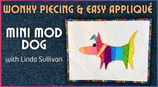 A colorful patchwork dog quilt block on light fabric. Text above: Wonky Piecing & Easy Appliqué Mini Mod Dog. Below: Creative Spark. Framed in pink, it’s perfect inspiration for modern quilts.