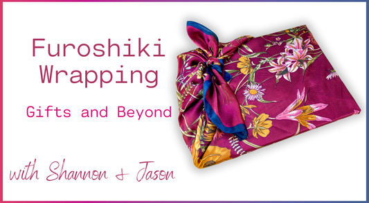 A gift wrapped in vibrant floral reusable fabric (Furoshiki) by Creative Spark sits beside text reading “Furoshiki Wrapping: Gifts and Beyond” on a white background with pink and blue borders.