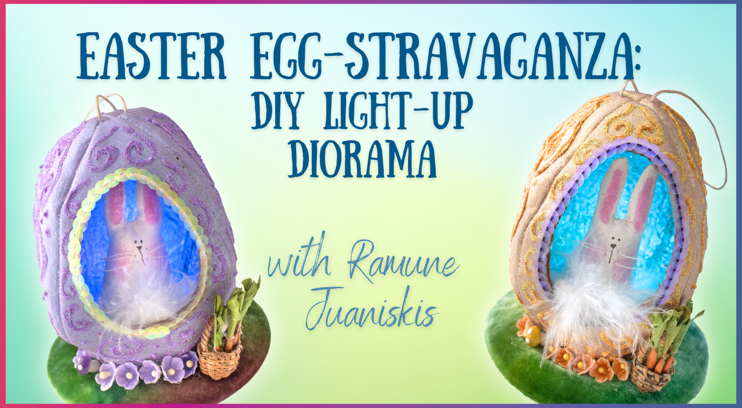 Two colorful fabric Easter egg dioramas with bunnies and lights sit on green and purple bases. Text: Creative Spark Easter Egg-stravaganza: DIY Light-Up Diorama. Background features a soft blue-green gradient.