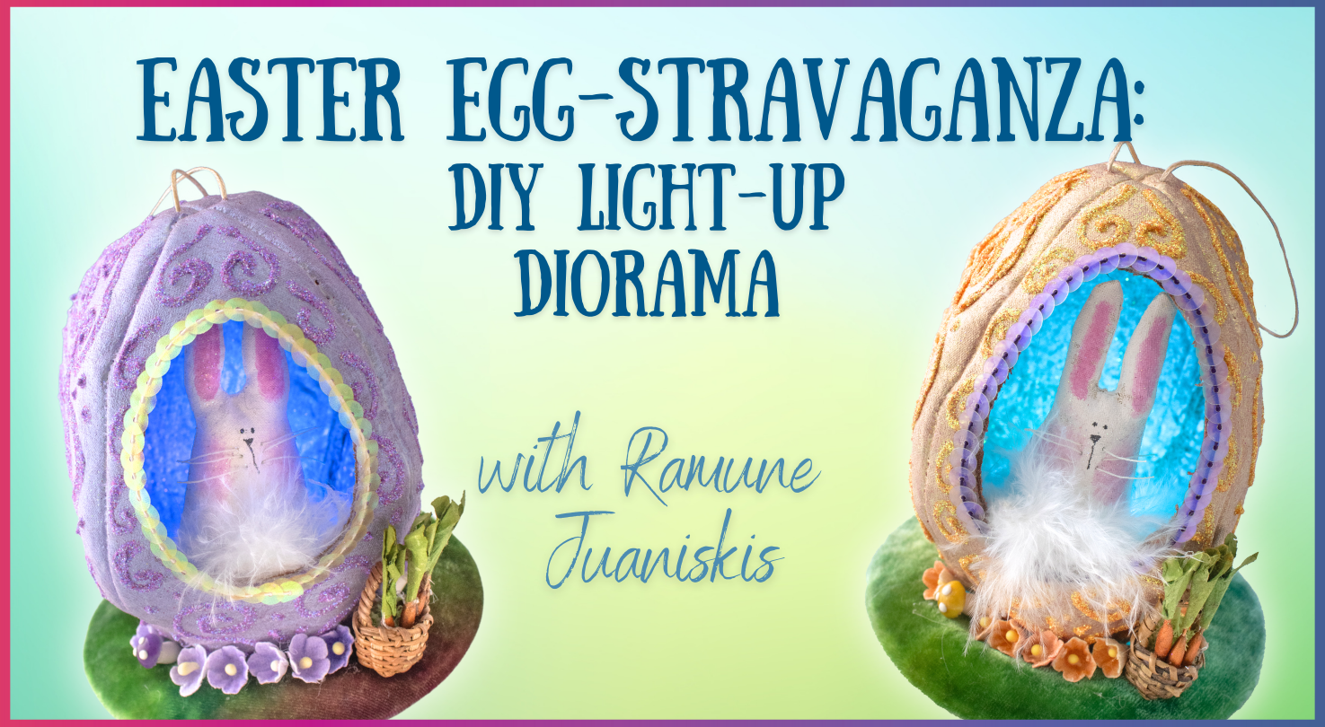 Two colorful fabric Easter egg dioramas with bunnies and lights sit on green and purple bases. Text: Creative Spark Easter Egg-stravaganza: DIY Light-Up Diorama. Background features a soft blue-green gradient.