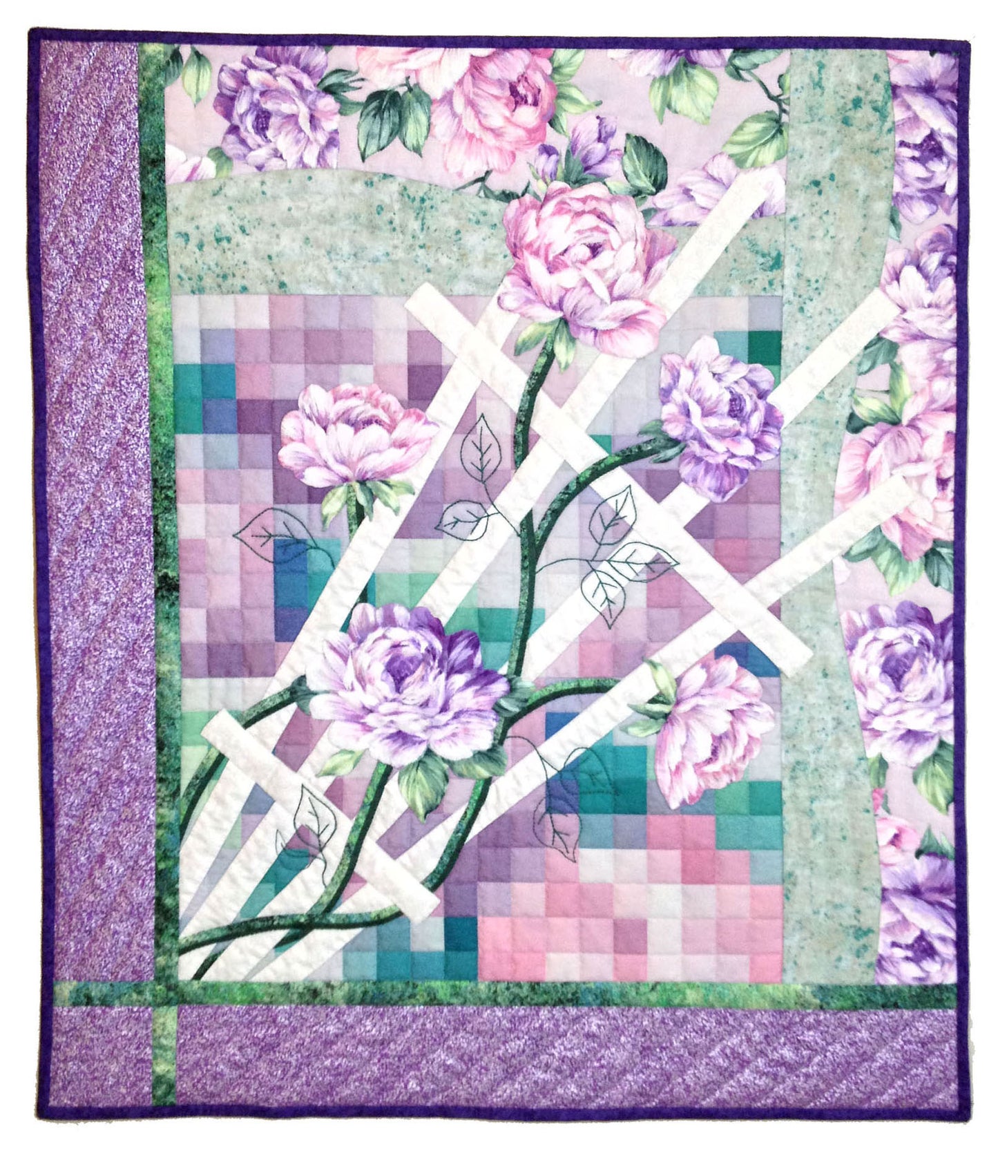 The "Creativity Unleashed: Modern Technology for Quilters" quilt by Creative Spark features large pink and purple flowers with green leaves and white lattice lines on a patchwork background, inspired by digital design quilting techniques.