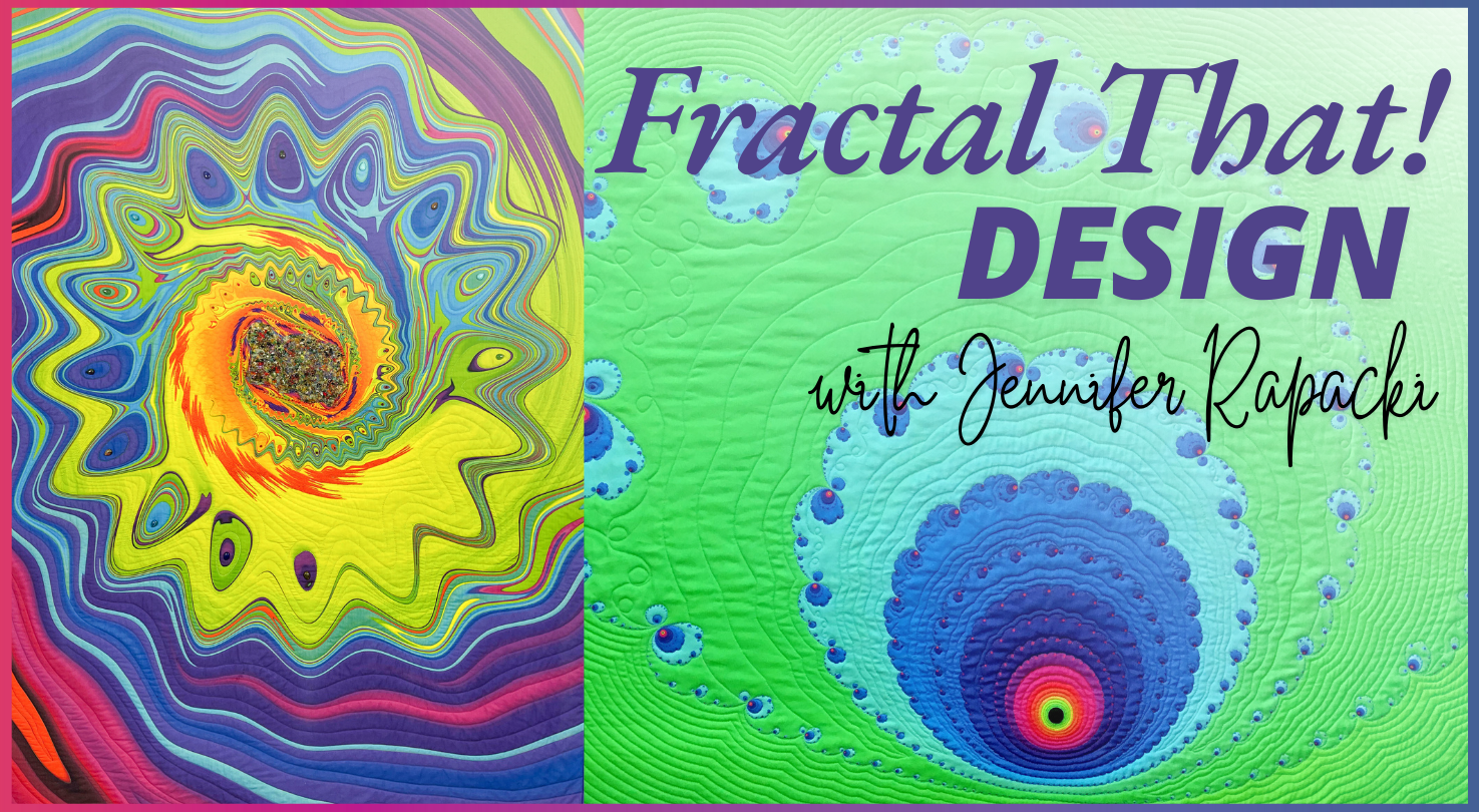 Vivid fractal patterns in yellow, blue, green, and purple on a green-blue Frax App background. Text: “Fractal That! Design: From Pixels to Fabric Prints” by Creative Spark—ideal for unique fabric designs.