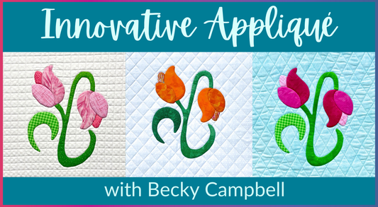 The banner displays Innovative Appliqué by Creative Spark and features three striking quilts with intricate, stylized flower details in pink, orange, and magenta on textured backgrounds.