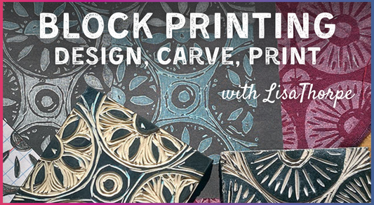 Blue, black, and maroon block print designs with two carved blocks. Text: Block Printing: Design, Carve, Print by Creative Spark—ideal for exploring carved print patterns and fabric printing.