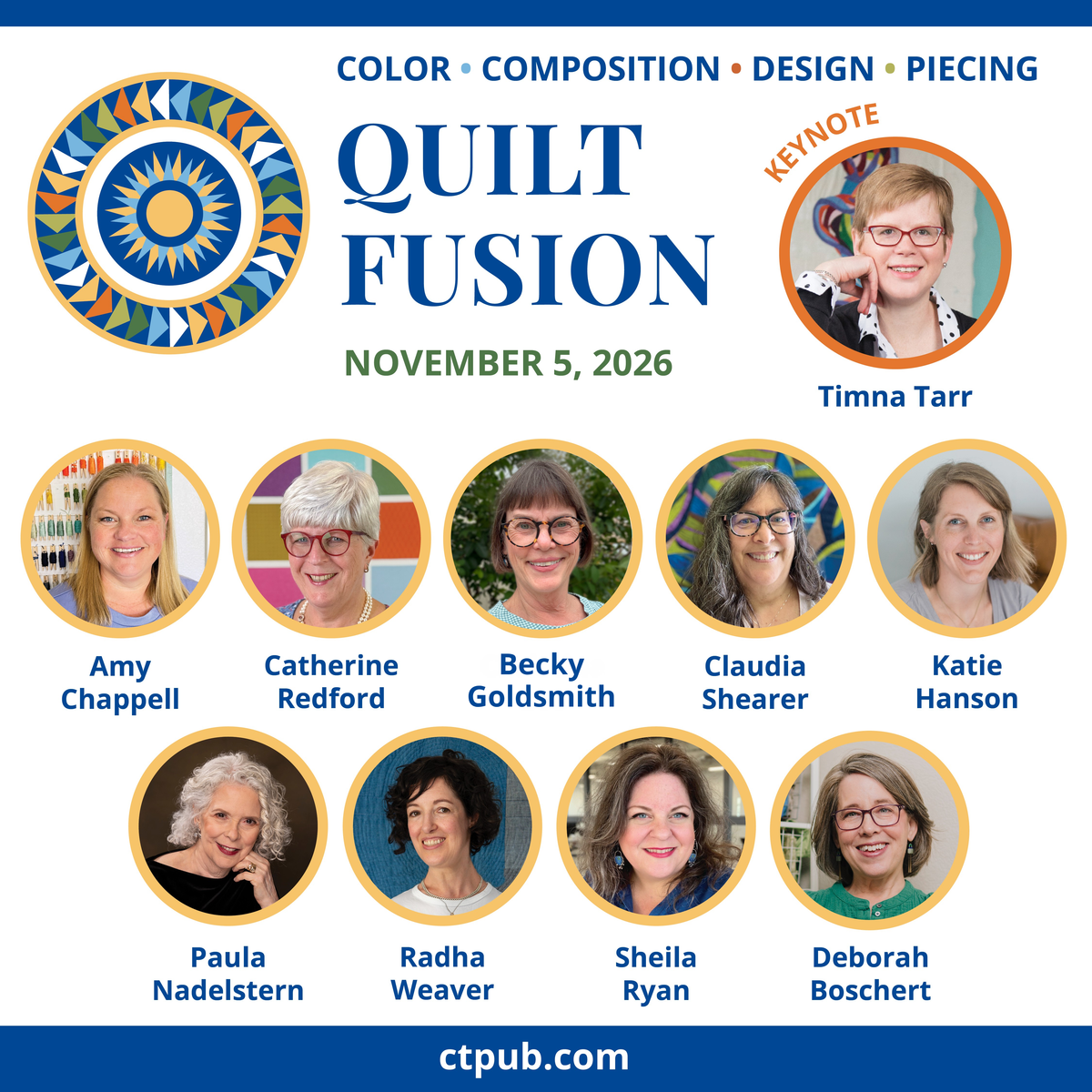 Event flyer for the Creative Spark Quilt Fusion 2026 virtual event on November 5, 2026, featuring headshots and names of keynote speaker Timna Tarr and nine presenters.