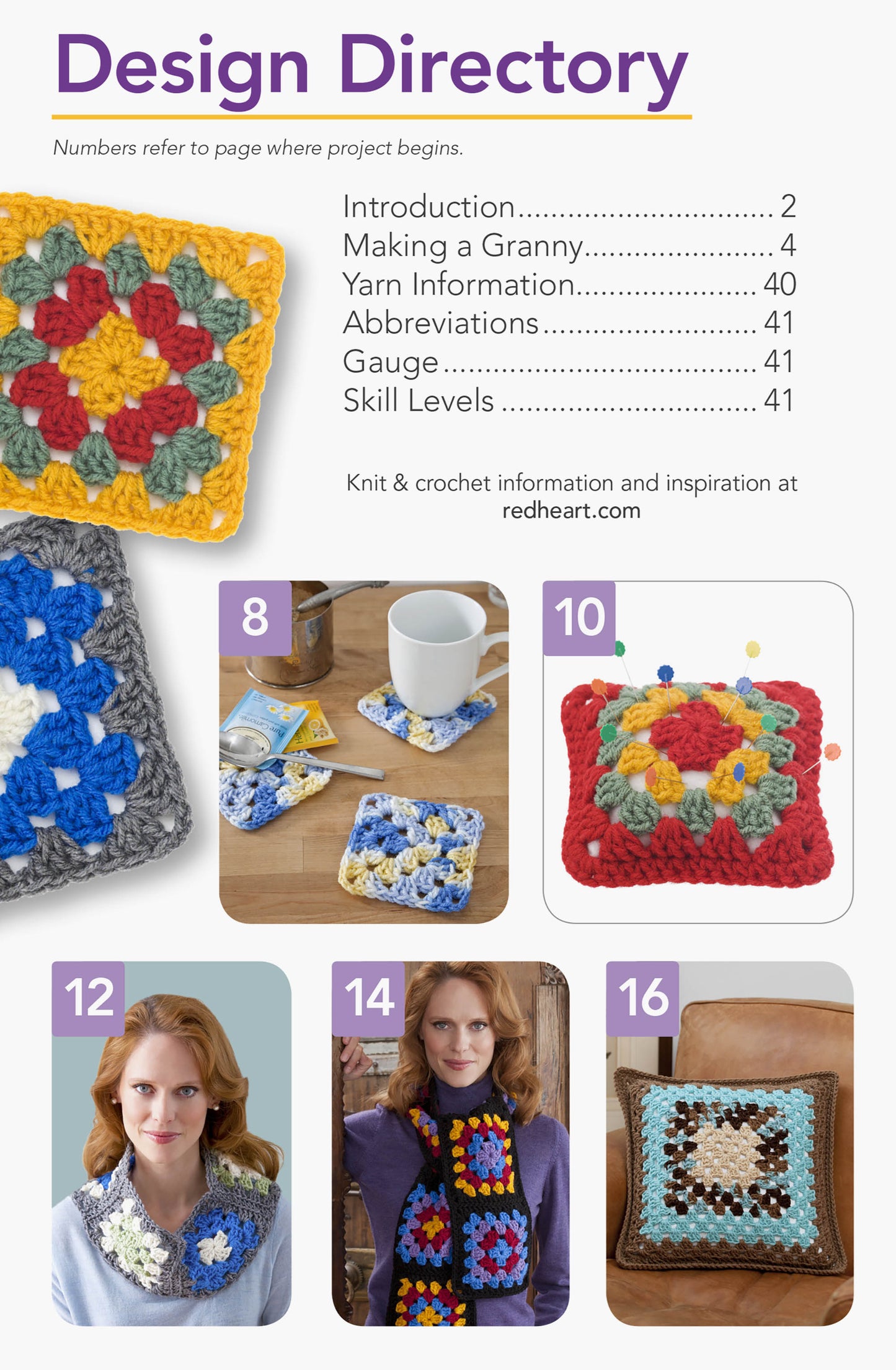 Discover the Leisure Arts "You Can Do It Granny Squares" directory, showcasing vibrant crochet squares and beginner projects like coasters, a pillow, cowl, and scarf—complete with photos, page numbers, and an easy-to-follow contents table.