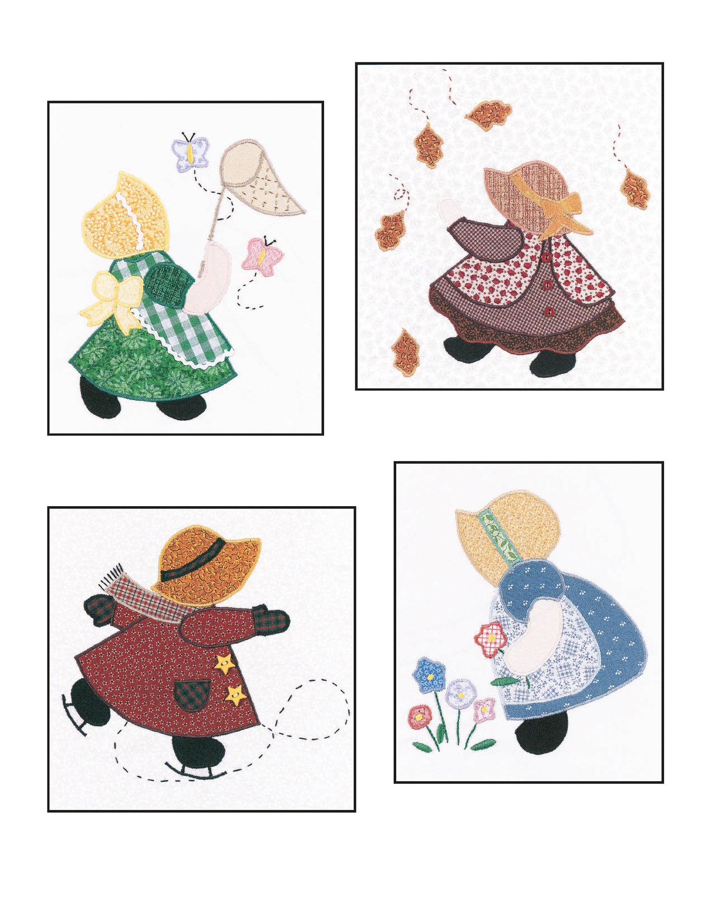 The Ultimate Sunbonnet Sue Collection by Leisure Arts features four quilt squares with Sunbonnet Sue appliques: catching a butterfly, walking among fall leaves, holding a jump rope, and picking flowers—perfect inspiration for your next quilt!.