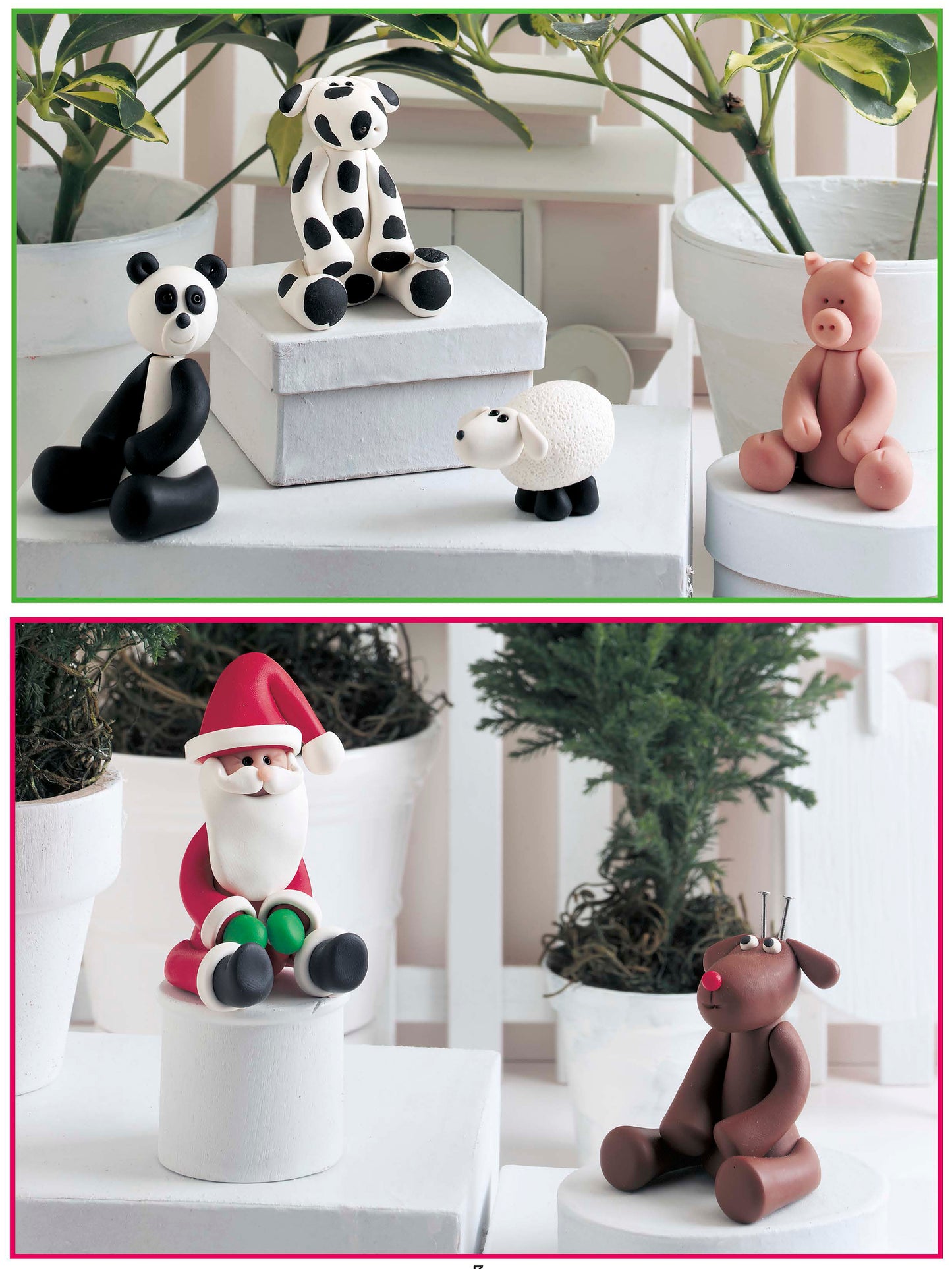 Two images display small, cute clay animal figurines—a panda, cow, pig, sheep, and reindeer—crafted with the I Can't Believe I'm Sculpting Clay Figures kit by Leisure Arts. A Santa figure stands on a white platform among potted plants.