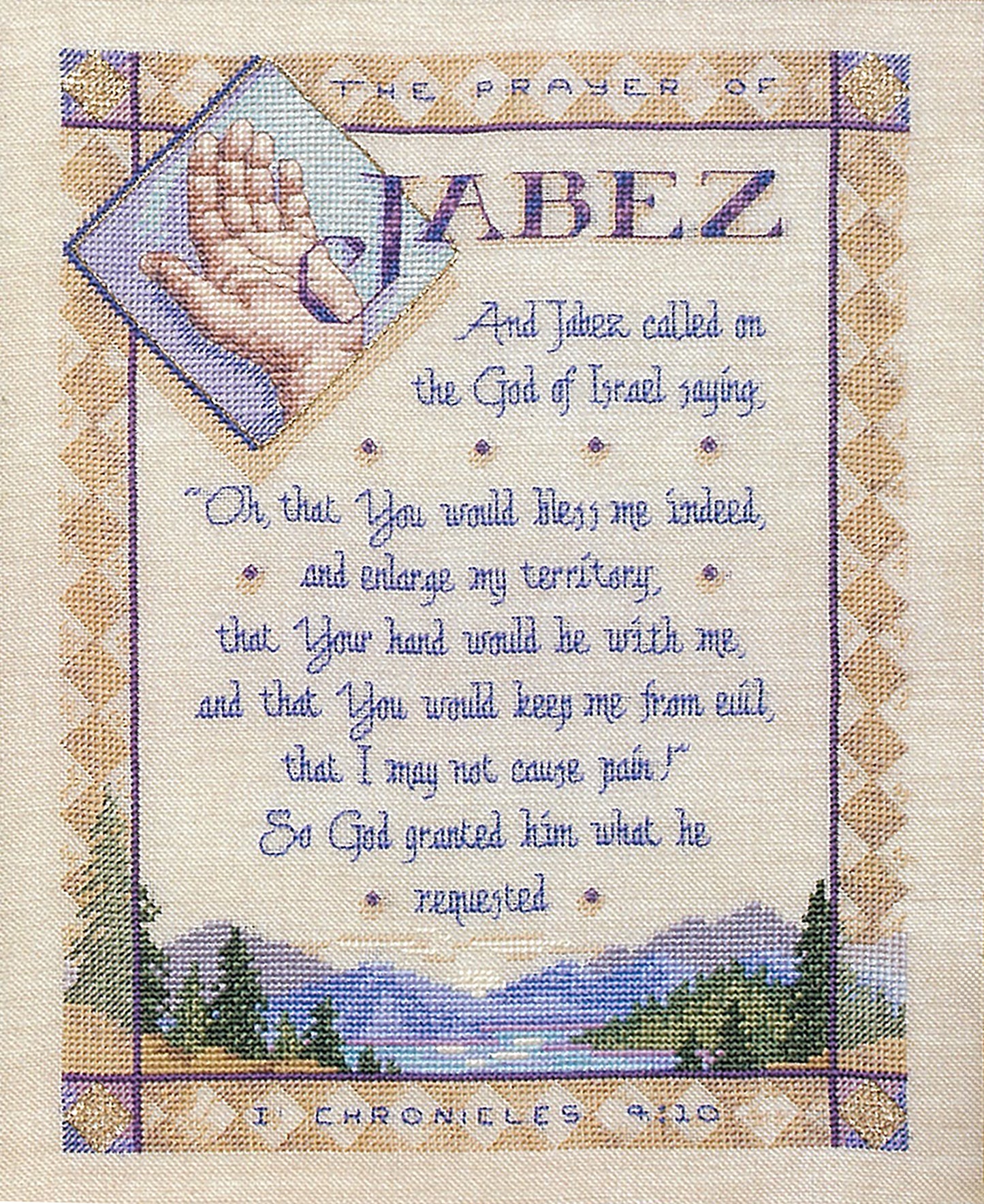 The Prayer of Jabez by Leisure Arts features cross-stitched prayer text framed in blue and purple, with a raised hand, decorative borders, and a mountain landscape—perfect for fans of inspirational stitched artwork.