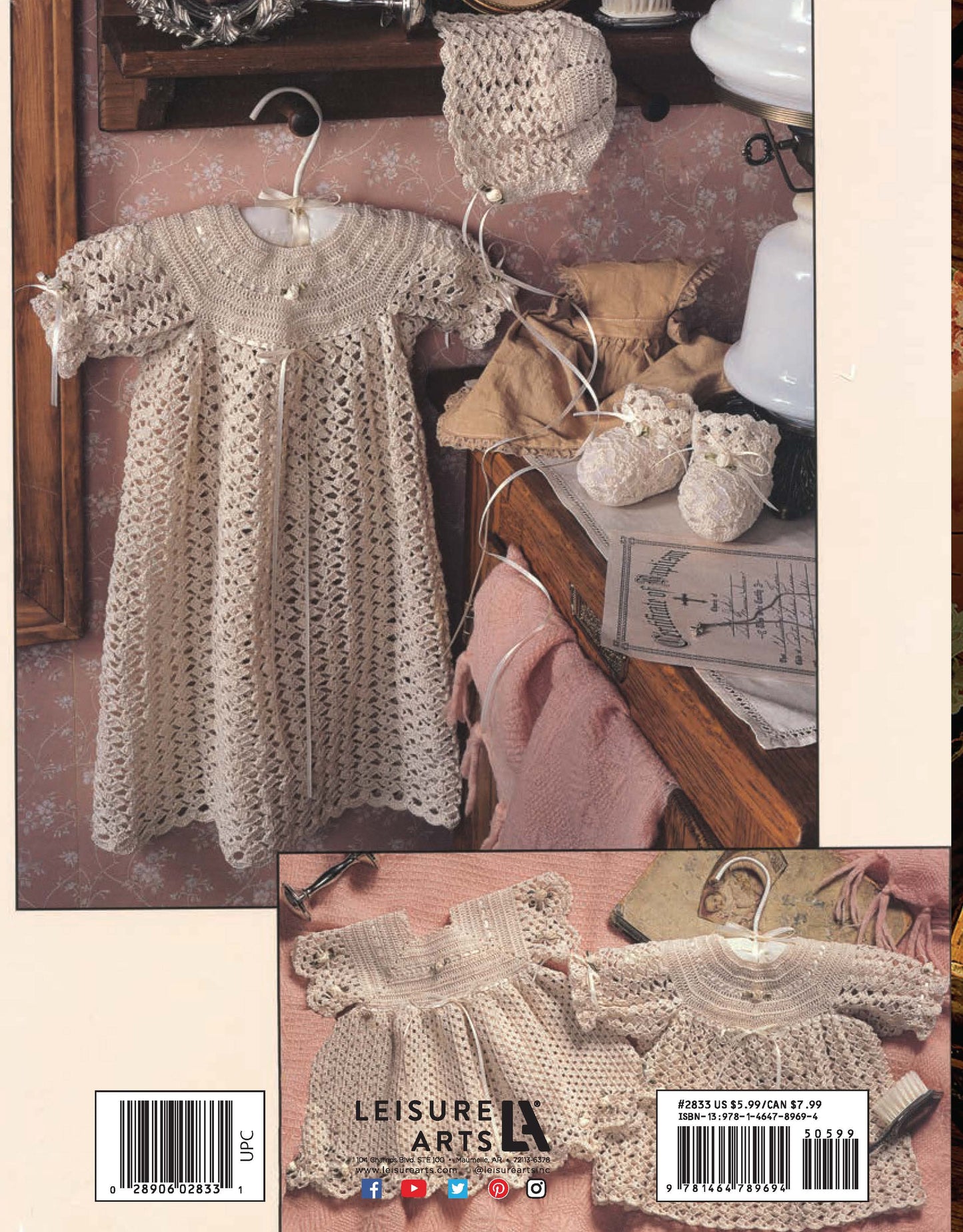 The Christening Collection Book 2 Digital Download by Leisure Arts features vintage-style crochet patterns for baby dresses, bonnets, and booties—displayed among antique decor with another delicate dress showcased on a small hanger below.