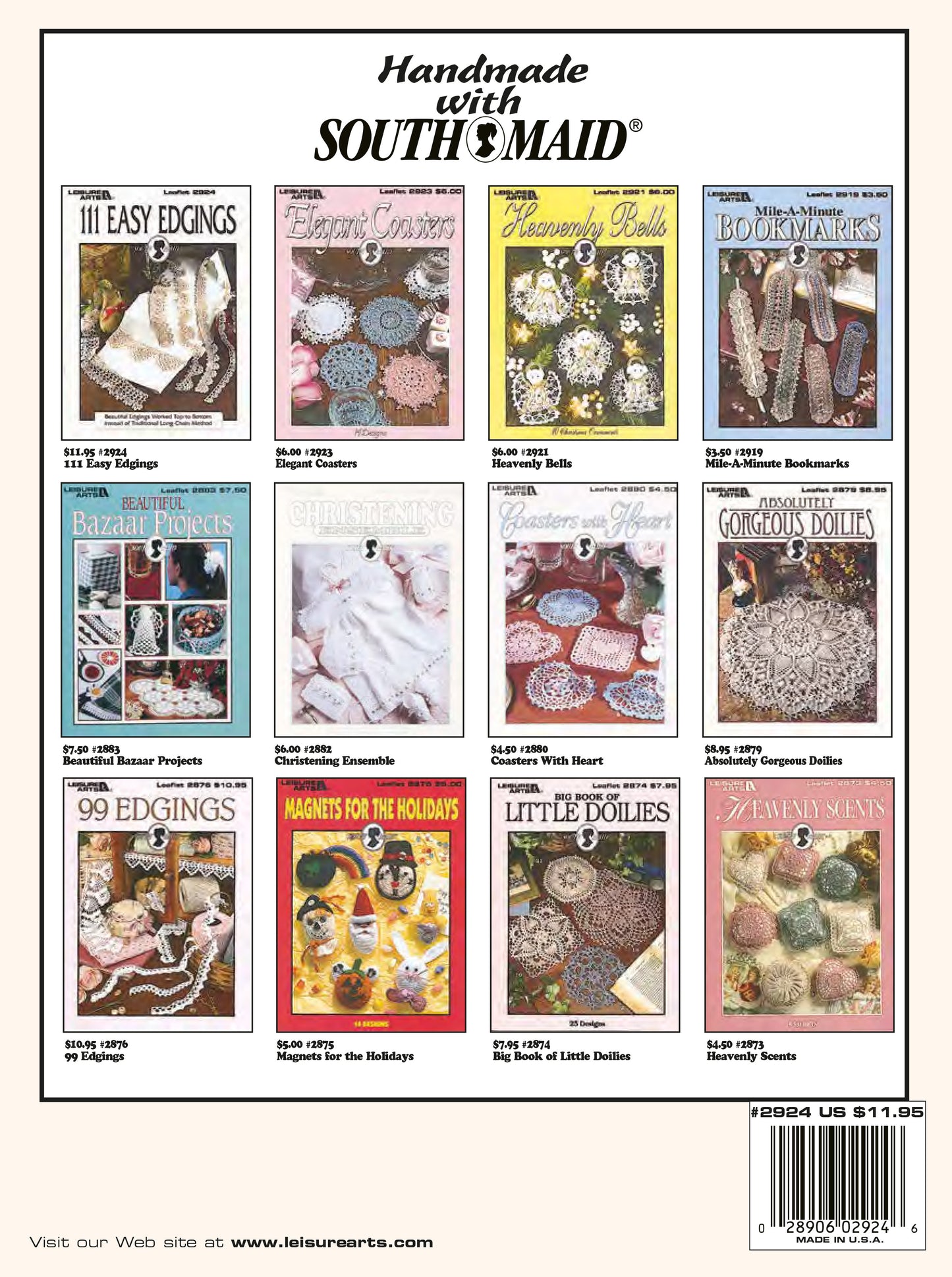 A catalog page shows the cover of "111 Easy Edgings Digital Download" by Leisure Arts, featuring colorful images and the price for this crochet pattern collection.