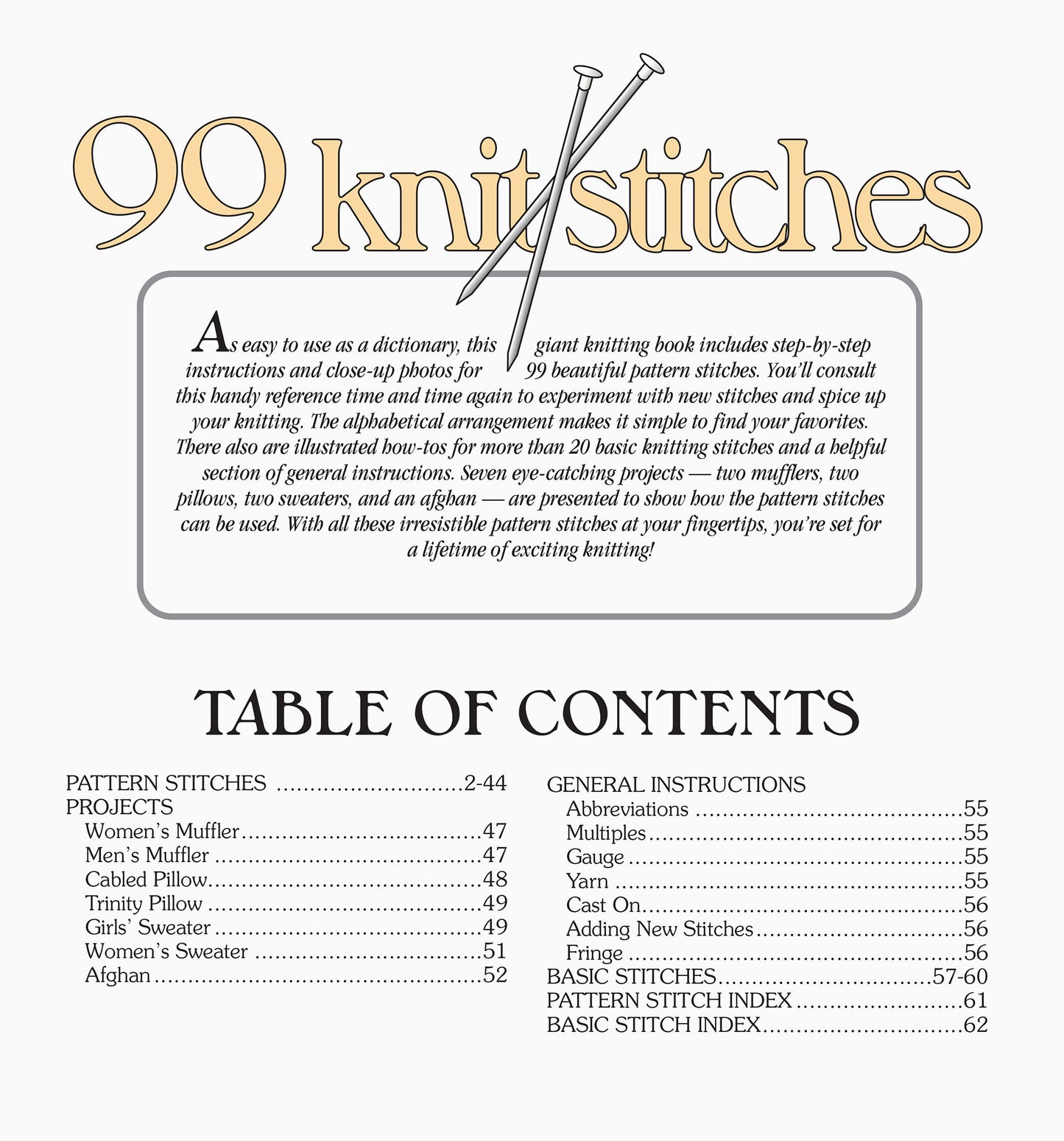 The 99 Knit Stitches Digital Download by Leisure Arts features a cover with illustrated knitting needles, an introduction to the book, and a table of contents listing knitting patterns, projects, and instructions.