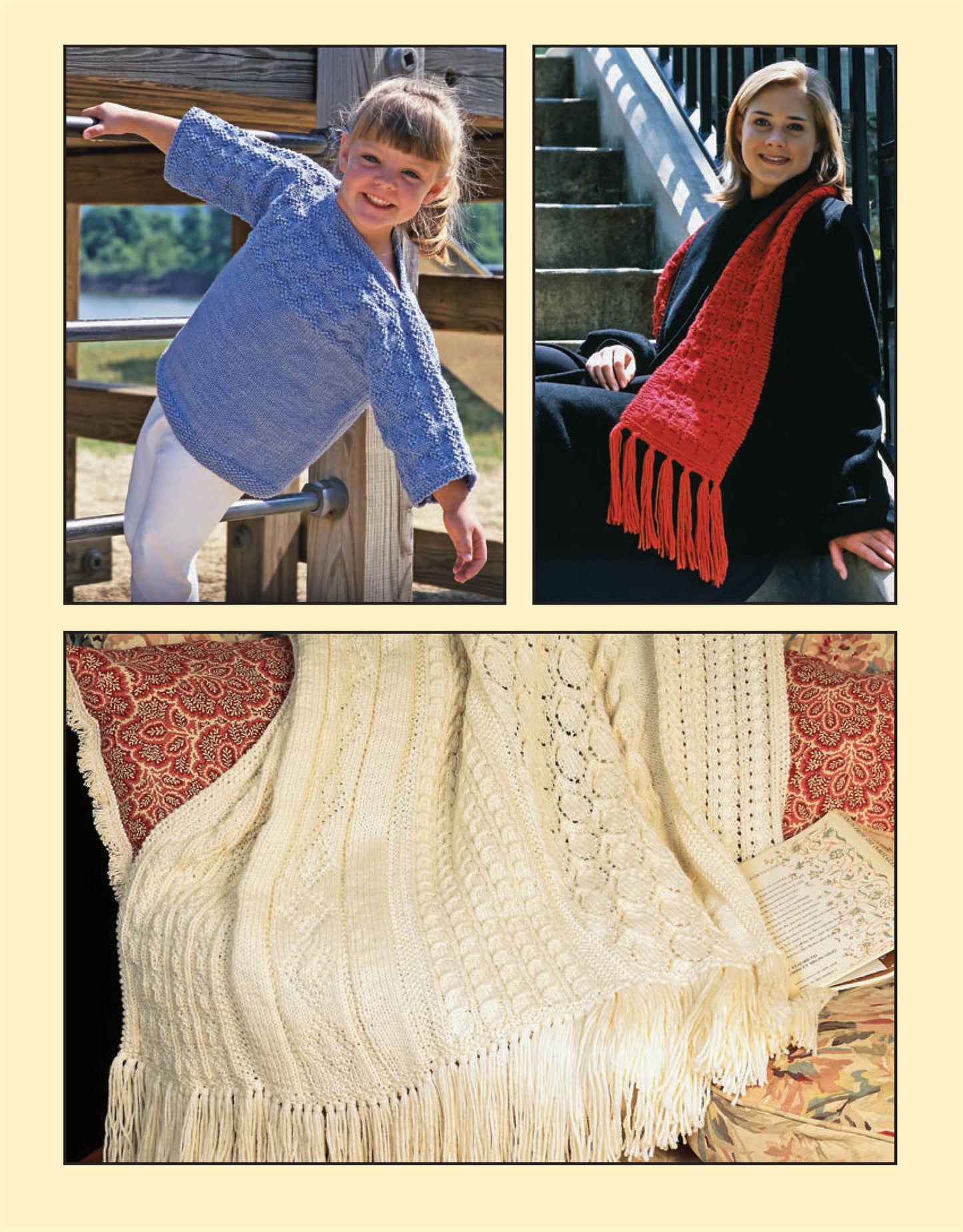 Models showcase creative patterns from Leisure Arts' "99 Knit Stitches," including a blue sweater, black coat with red scarf, and a cream fringed blanket—all stylishly draped over a patterned surface.