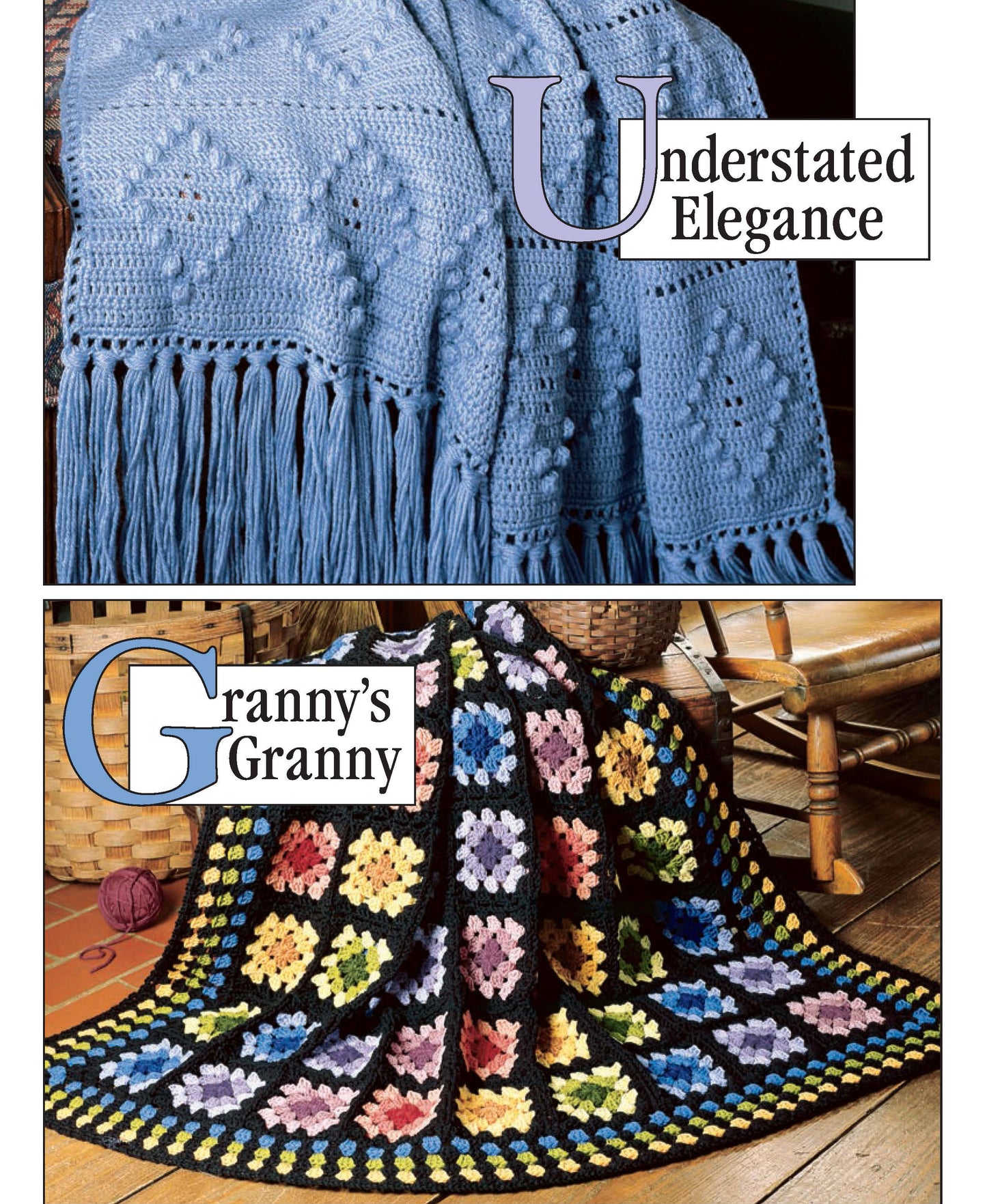 Top: Light blue crocheted afghan with tassels on a couch, featured in Leisure Arts' Our Best Afghans A to Z. Bottom: Colorful granny square blanket with black border, inspiring patterns for crochet beginners from the same collection.