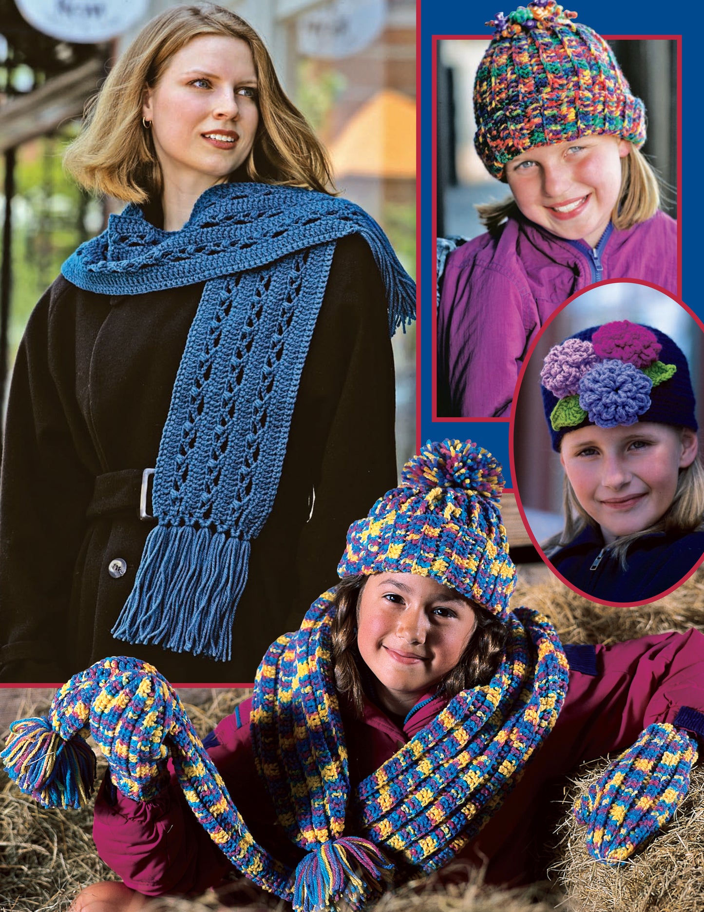 Four girls model cozy winter accessories from Leisure Arts’ "Chase the Chill—Crocheted Hats, Scarves, and Mittens for the Family; 16 Designs," posing in warm jackets outdoors to display charming worsted weight crochet projects perfect for the season.
