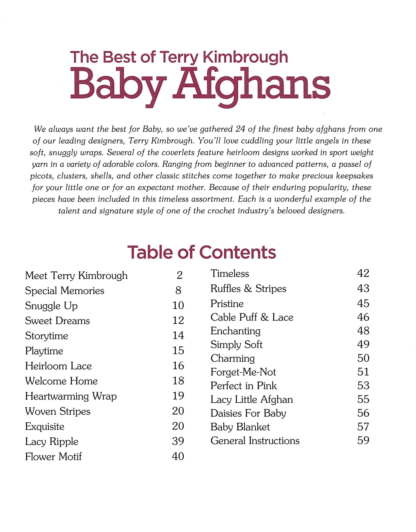 The cover of Best of Terry Kimbrough Baby Afghans by Leisure Arts displays the title, a summary, and a contents page listing 24 crocheted baby blankets and heirloom wraps plus related sections with page numbers.