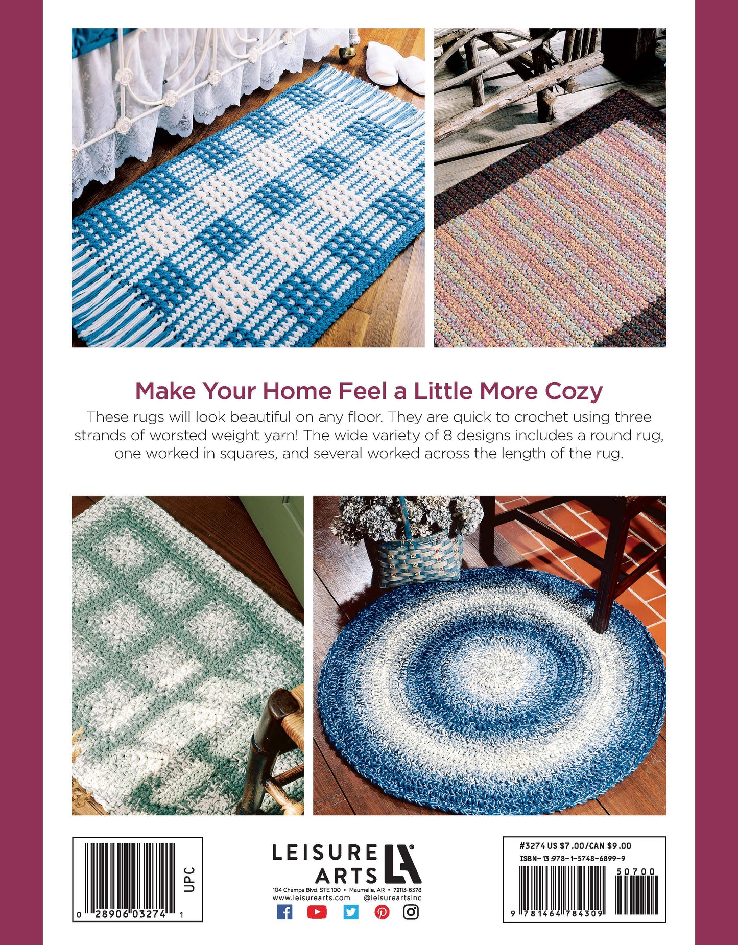 Four colorful crocheted rugs from Easy Rugs to Crochet by Leisure Arts are displayed, featuring a blue and white round rug, beginner-friendly earth tones, checks and zigzags, with rectangle patterns also shown. Text and publisher details are visible.