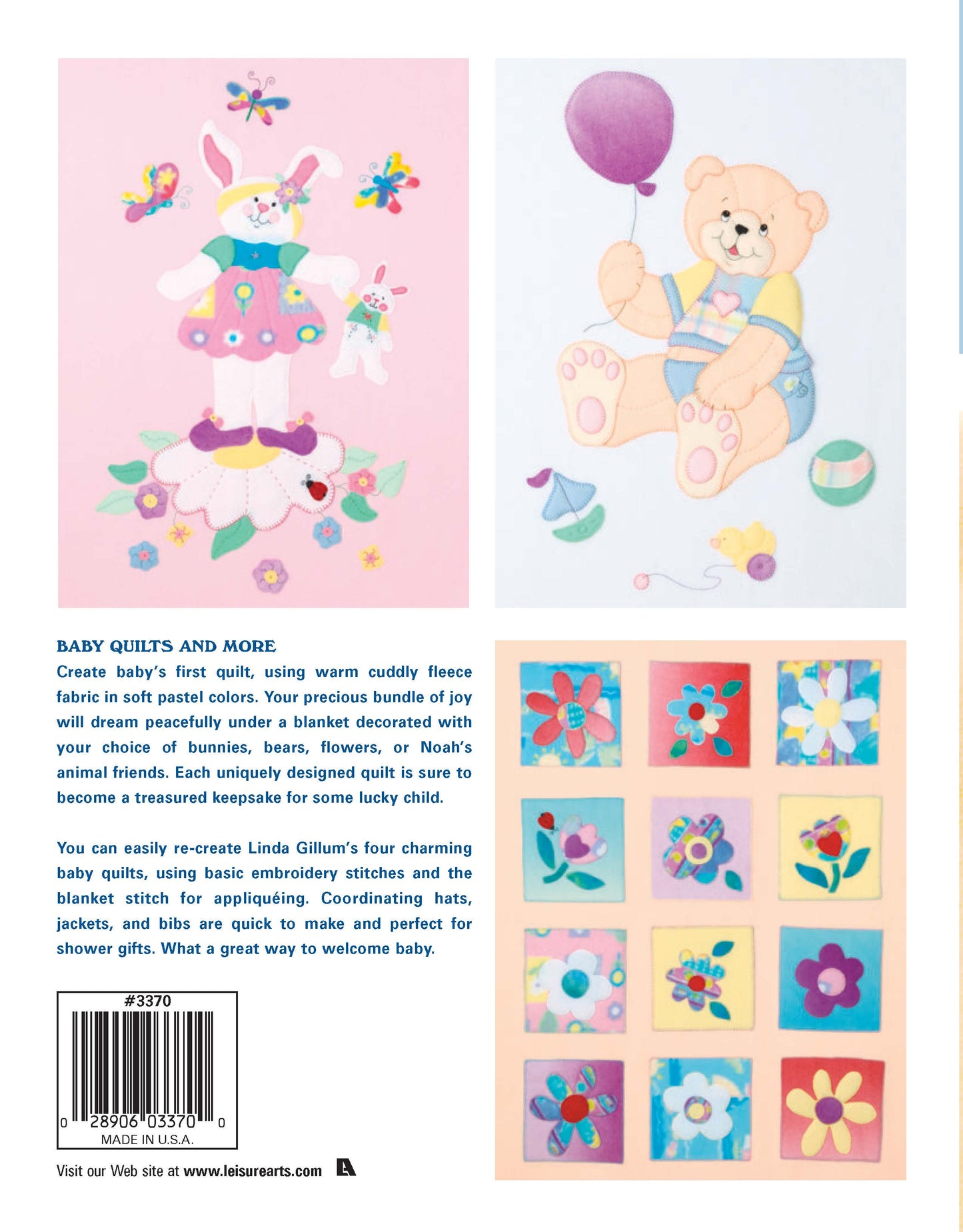 Back cover of "Baby Quilts and More—18 Projects" by Leisure Arts, featuring pastel art—a butterfly, flowers, teddy bear with balloons, and animal quilt squares. Includes text on appliqued fleece baby quilts and projects. Print ISBN 9781601407016.