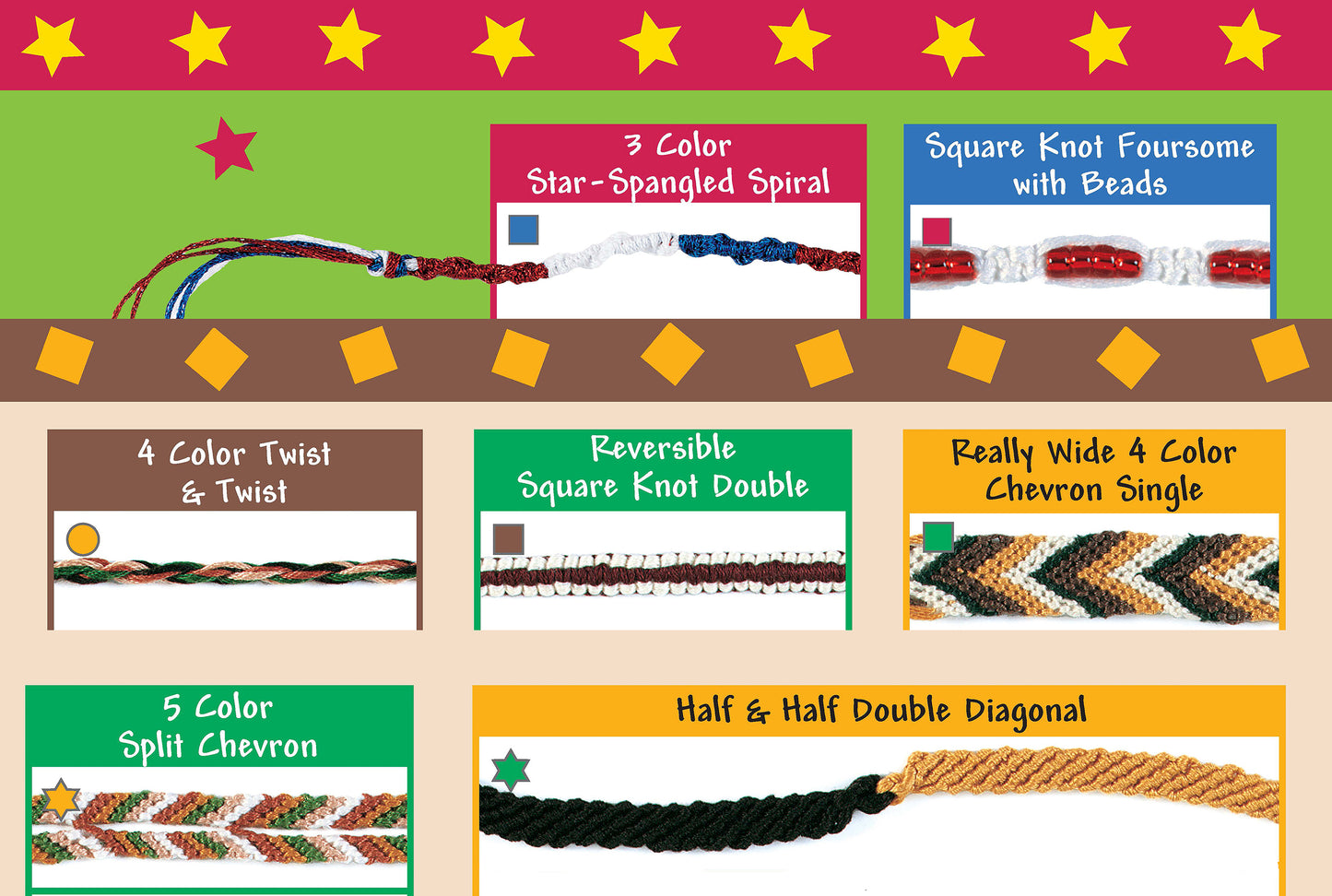 The Leisure Arts Cool Stuff Friendship Bracelets Digital Download is a vibrant guide for kids and teens, featuring labeled, illustrated patterns—spirals, chevrons, twists, braids—and easy step-by-step bracelet projects on a festive background.