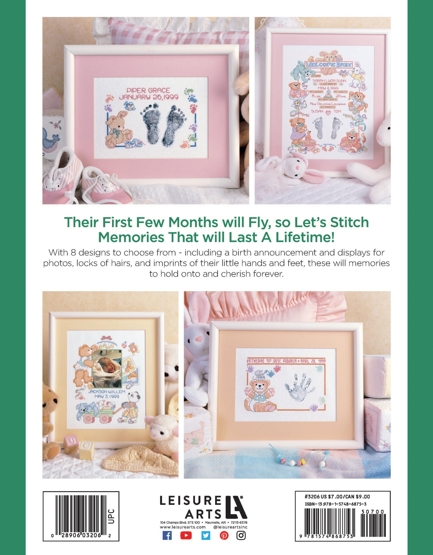 The cover of Sweet Baby Cross Stitch Memories Digital Download by Leisure Arts showcases three framed baby designs—animals, handprints, and shoes—ideal for birth announcements or keepsakes. Barcode and publisher info appear at the bottom.
