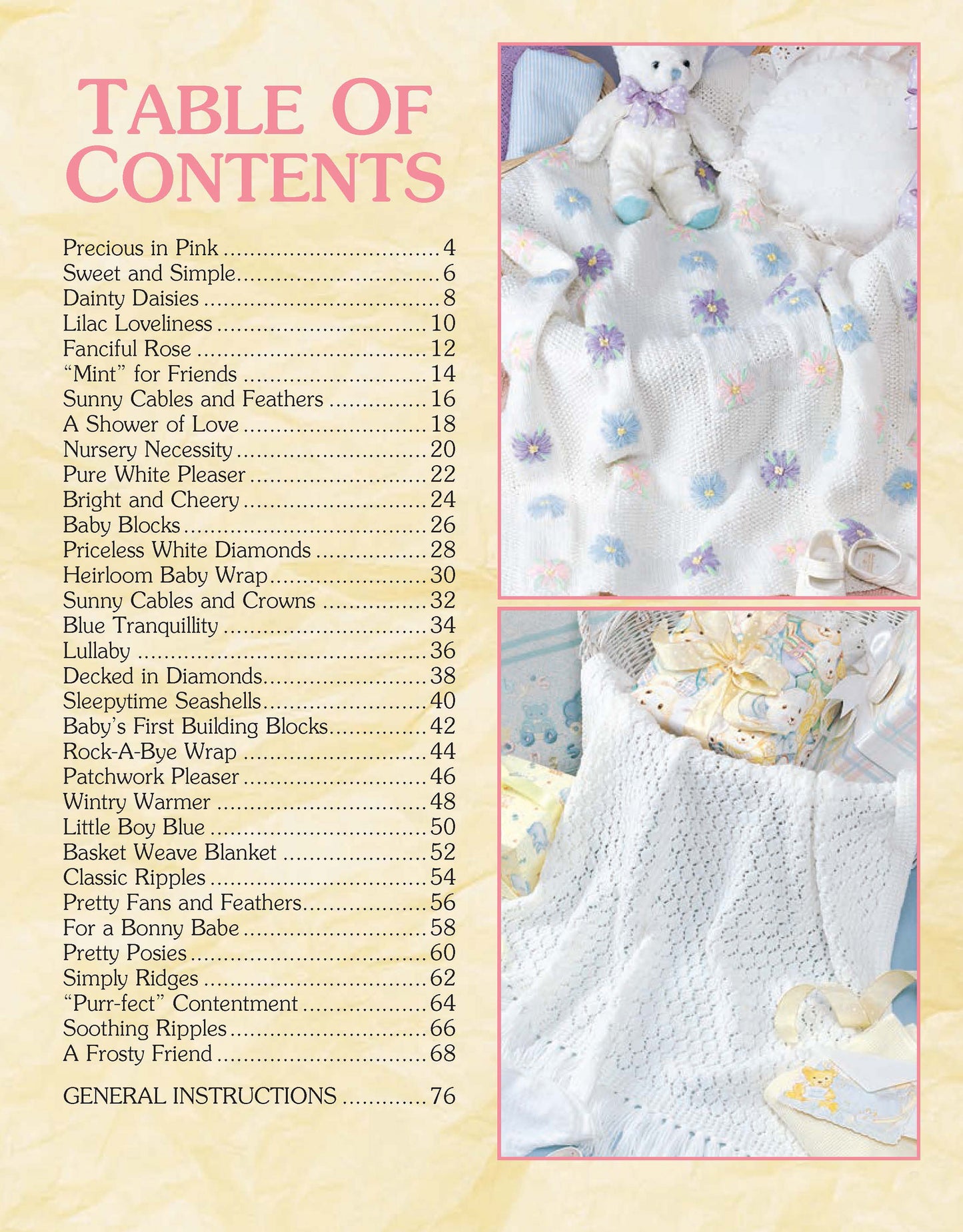A pastel table of contents for "Our Best Knit Baby Afghans Digital Download" by Leisure Arts, listing blanket names and pages, decorated with knitted blankets, a teddy bear, and plush toys—ideal for easy knit baby blanket projects.