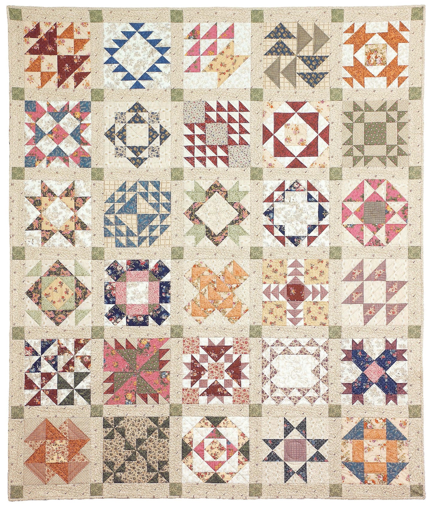 The Leisure Arts Quilter's Mix & Match Blocks quilt showcases 30 colorful squares, each with a unique geometric design inspired by classic handbook blocks, separated by light sashing, green cornerstones, and made with assorted floral and patterned fabrics.