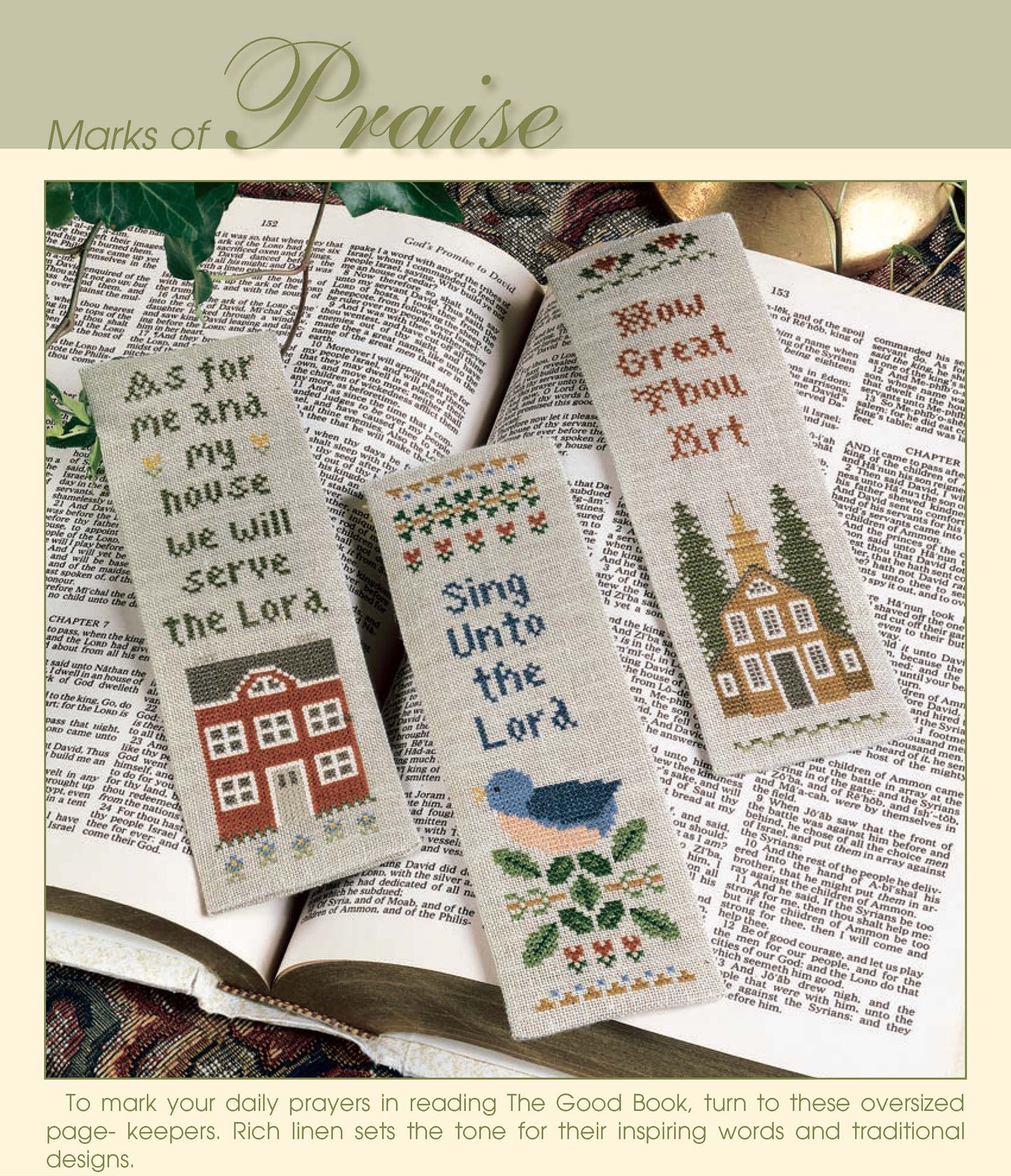 Simply Inspirational by Leisure Arts features three embroidered bookmarks on Aida cloth with Christian designs—houses, a bird, and a church—displayed on an open Bible, each with colorful cross-stitch patterns and uplifting messages.