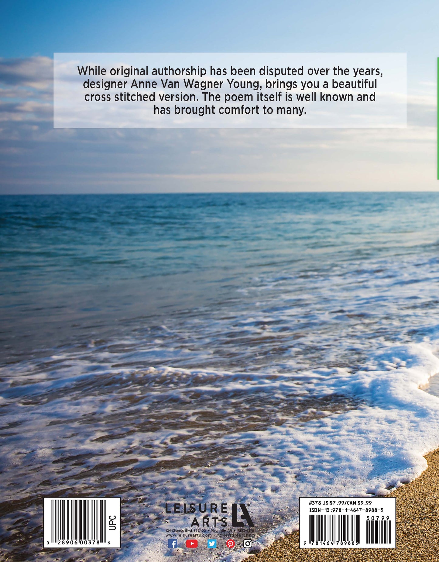 The back cover of the "Footprints in the Sand Cross Stitch" book by Leisure Arts displays text over a calm beach scene with waves, wet sand, and a sunny sky. Barcodes, print ISBN, author name, and publisher logos are featured at the bottom.
