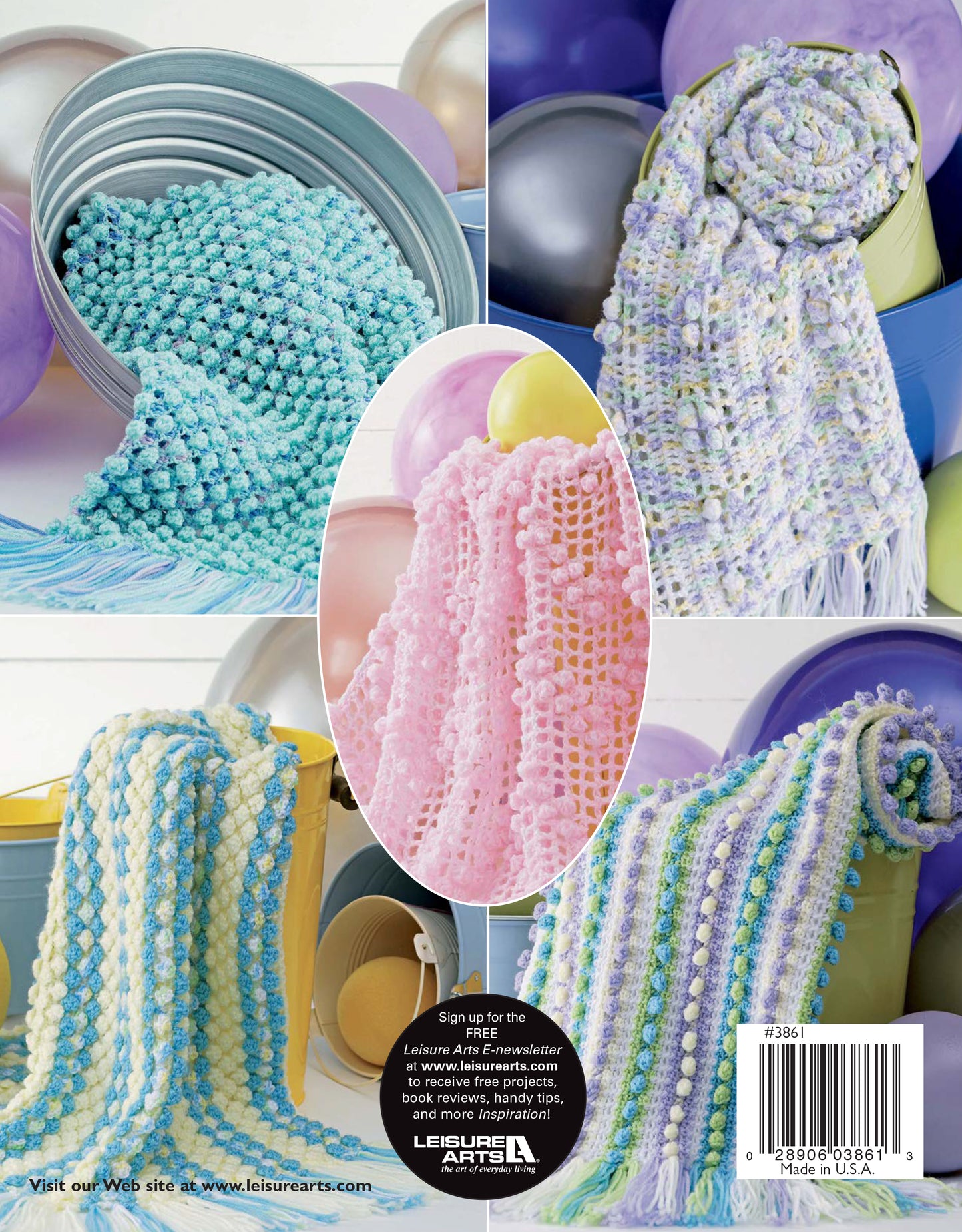 Six pastel-colored, textured afghan wraps from the "Baby Bubble Wraps—6 Afghans" collection by Leisure Arts are displayed with party balloons in purple, yellow, and blue. Each Afghan features unique patterns and color combinations.