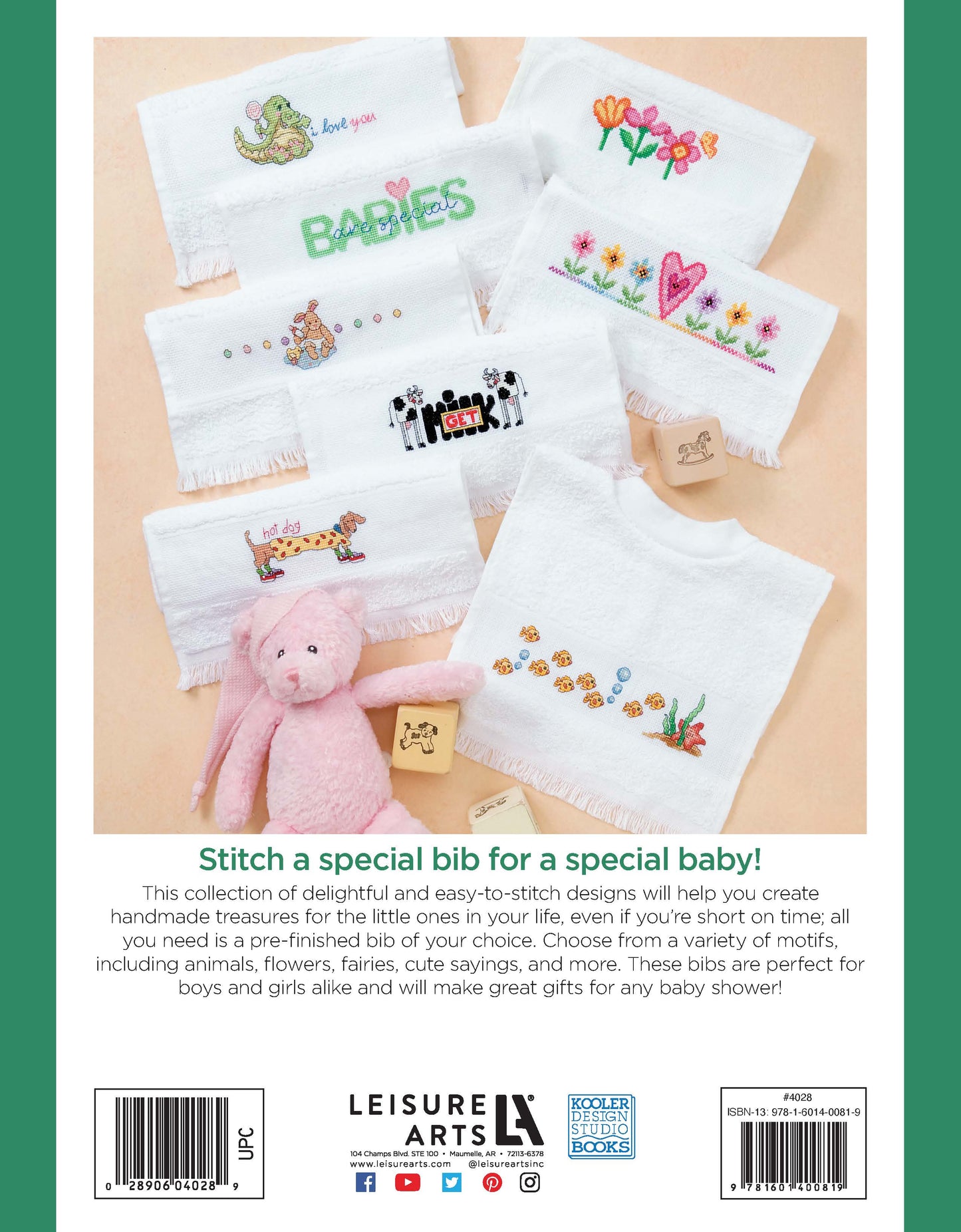 Leisure Arts Baby Bibs to Cross Stitch by Linda Gillum, featuring white bibs with colorful embroidered animals, flowers, and text, are displayed with a pink stuffed bunny and a wooden block.