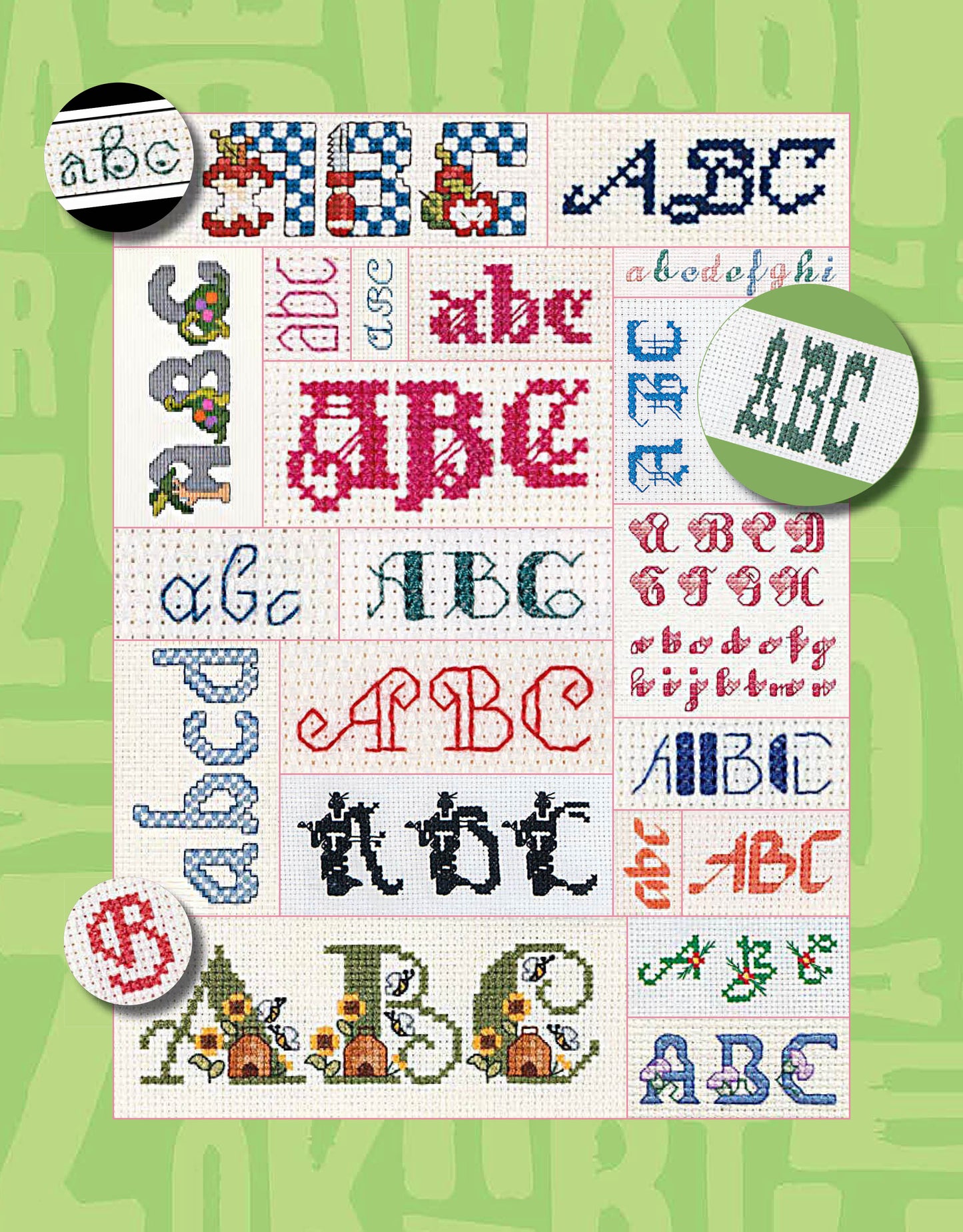 A Big Collection of Alphabets in Cross Stitch by Leisure Arts offers colorful, embroidered alphabet designs in various fonts and styles with decorative patterns on a green background—perfect inspiration for your next stitching project.