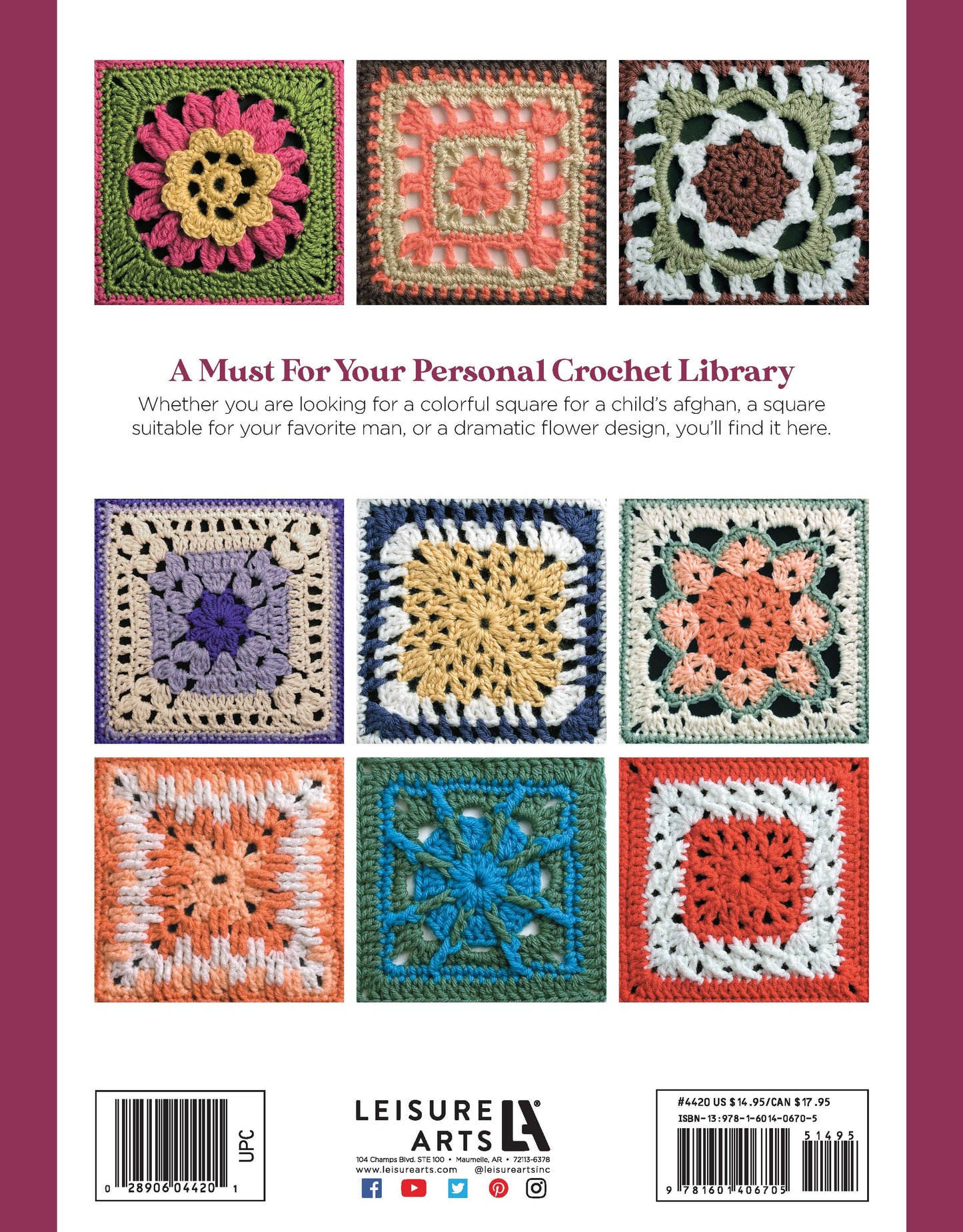Eight vibrant crochet squares with unique patterns and colors are arranged in two rows on a white background with a maroon border. Text promotes the "50 Fabulous Crochet Squares Digital Download" by Leisure Arts, with logos below.