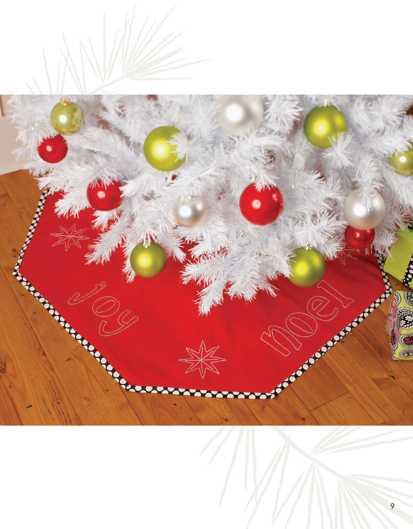 Bring festive cheer to your home with the Jolly Stuff tree skirt by Leisure Arts—featuring red octagonal shape, joy and noel embroidery, star designs, and a black-and-white polka dot trim—perfect under your decorated tree.
