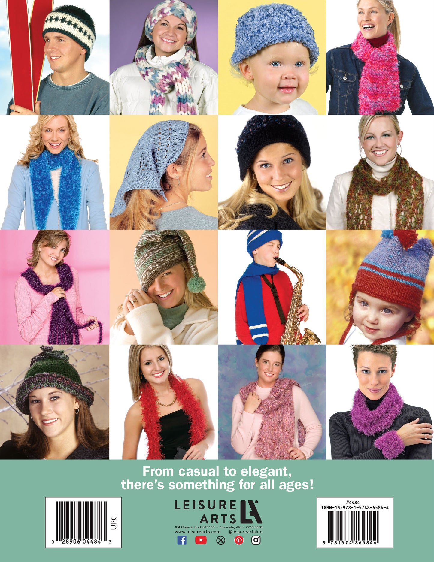 A collage shows people of all ages wearing colorful knit hats and scarves from Leisure Arts’ Big Book of Knit Hats & Scarves for Everyone, highlighting styles from casual to elegant for everyone!.