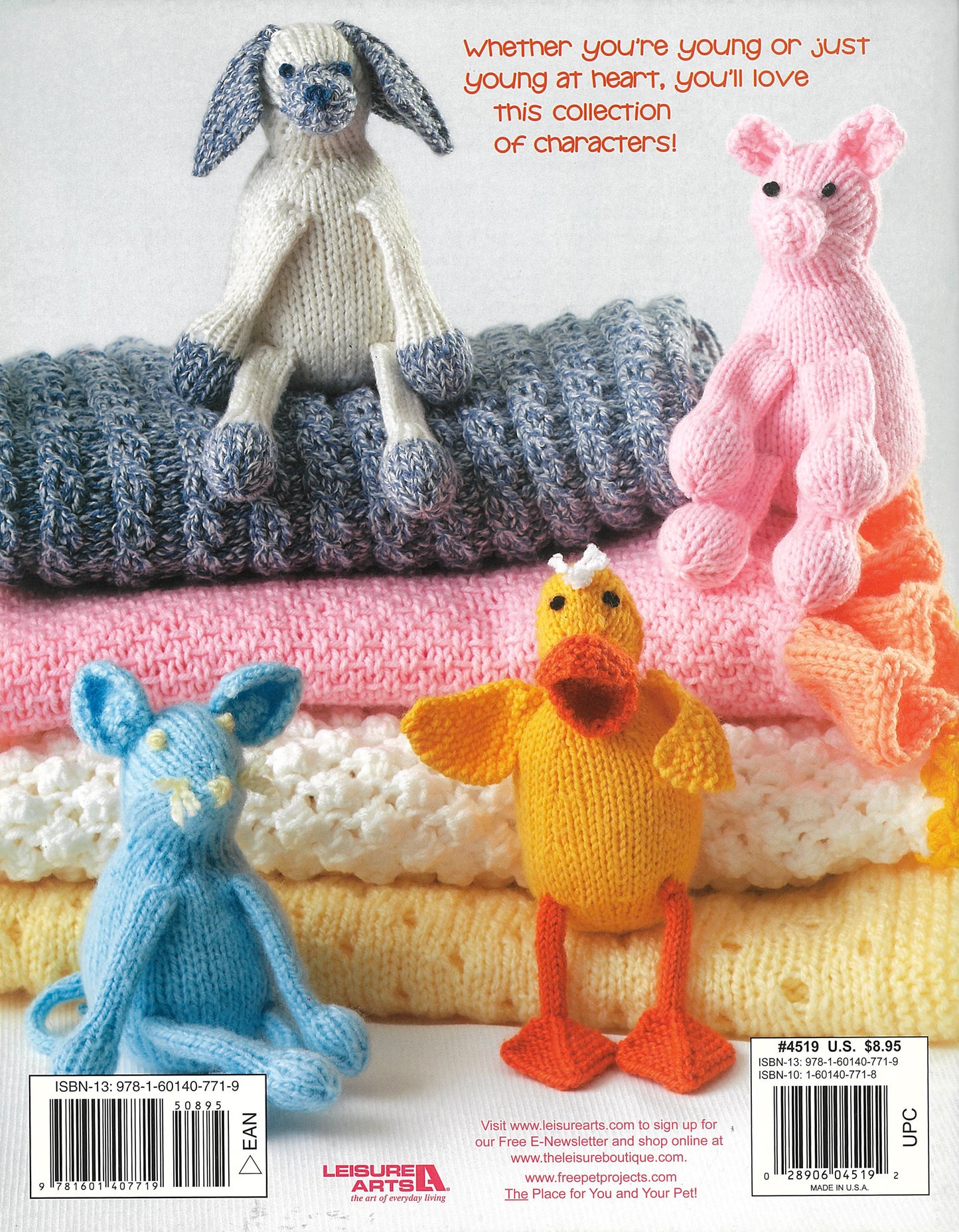 A Collection of Characters by Leisure Arts features four hand-knitted animal toys—a gray dog, pink rabbit, blue mouse, and yellow duck—resting on soft blankets in blue, gray, pink, yellow, and white. Ideal as cute knit toys or blanket sets.