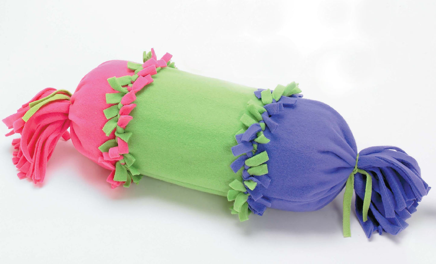The Beginner's Guide to Fleece by Leisure Arts teaches you to make a soft, cylindrical toy with pink, green, and purple fleece, fringed ends, and knotted strips—ideal for beginner sewing or no-sew fleece projects.