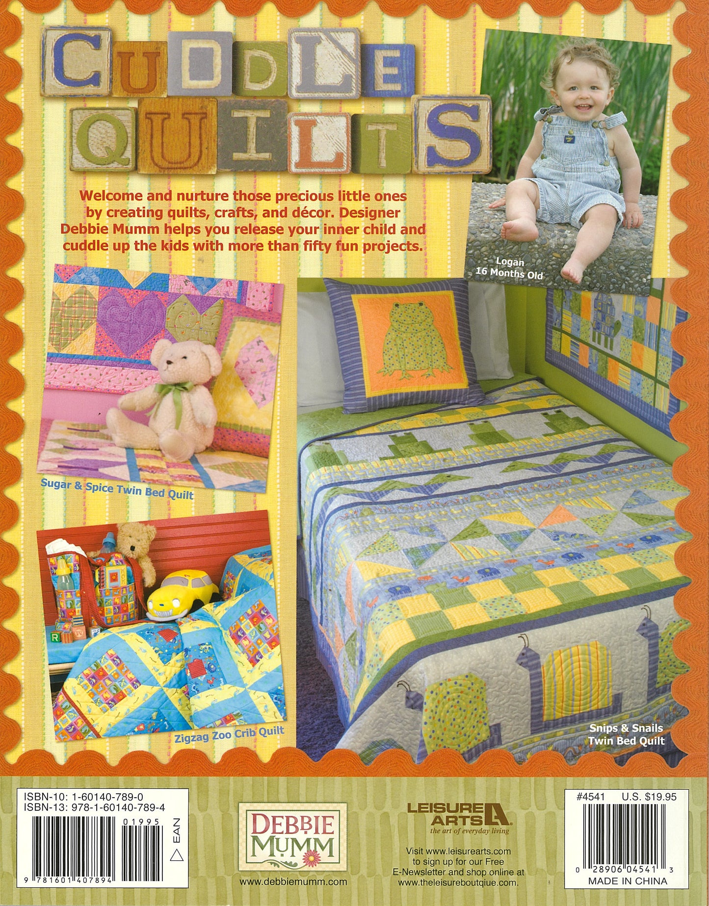 The back cover of Debbie Mumm's Cuddle Quilts For Little Girls and Boys by Leisure Arts features cheerful patchwork quilts, a teddy bear, and a smiling toddler—ideal for anyone looking for fun kids' quilt projects.