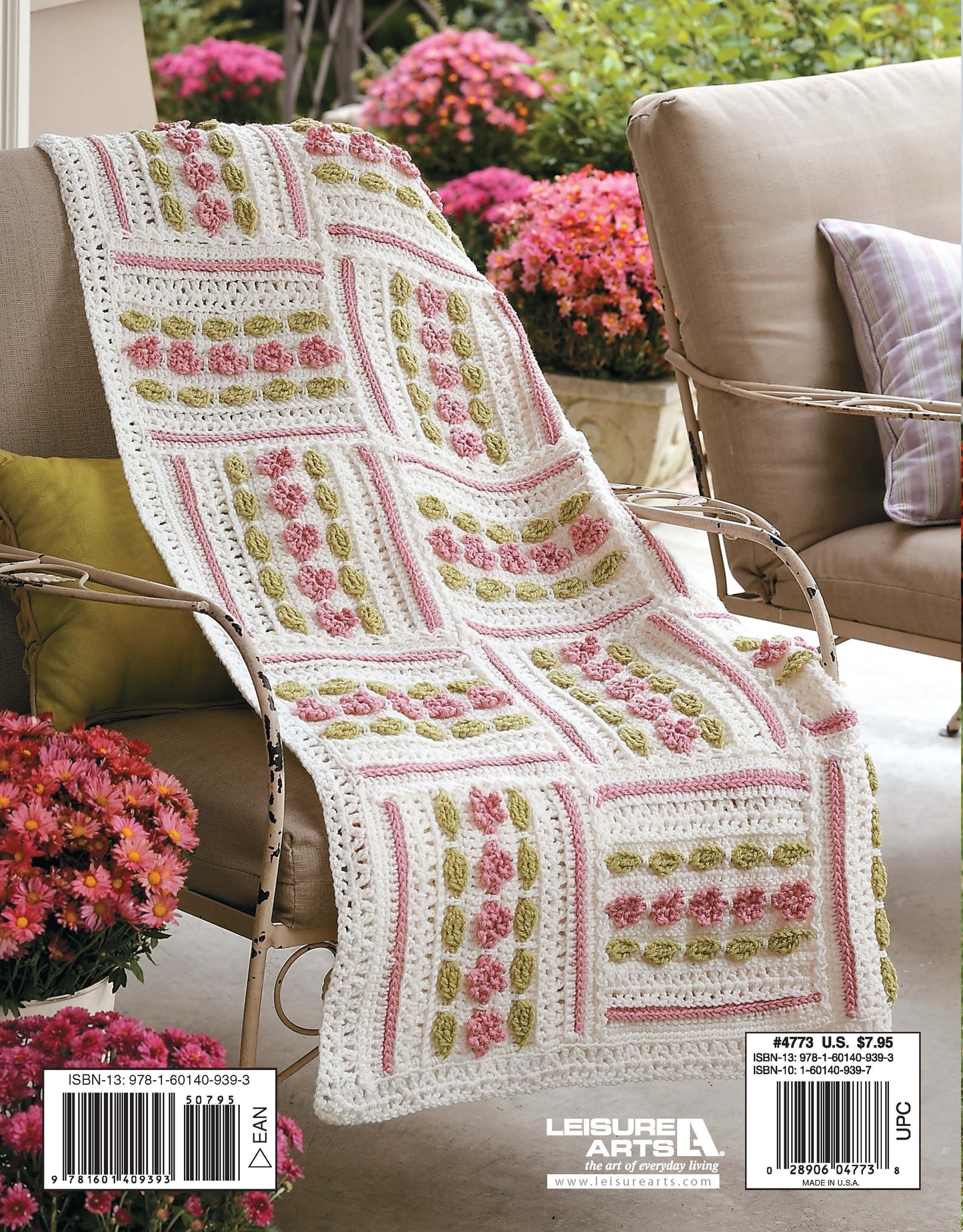 Back cover of Leisure Arts’ "Floral Touches Digital Download," featuring a garden-inspired crochet afghan with pink flowers and green leaves, perfect for intermediate crocheters, draped over a patio chair among blooming pink flowers.