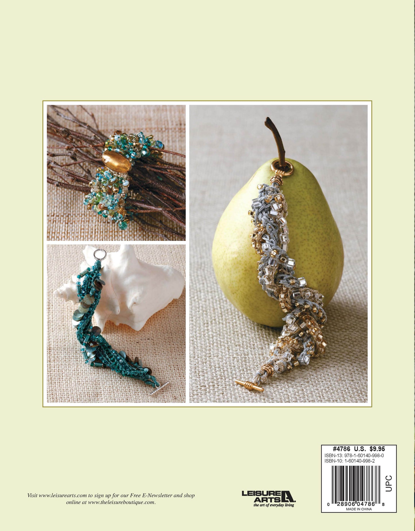 Three beaded bracelets from "Beaded Bracelets to Knit" by Leisure Arts are shown on a branch, seashell, and pear against a beige background—perfect inspiration for beginner jewelry makers seeking step-by-step bracelet instructions.