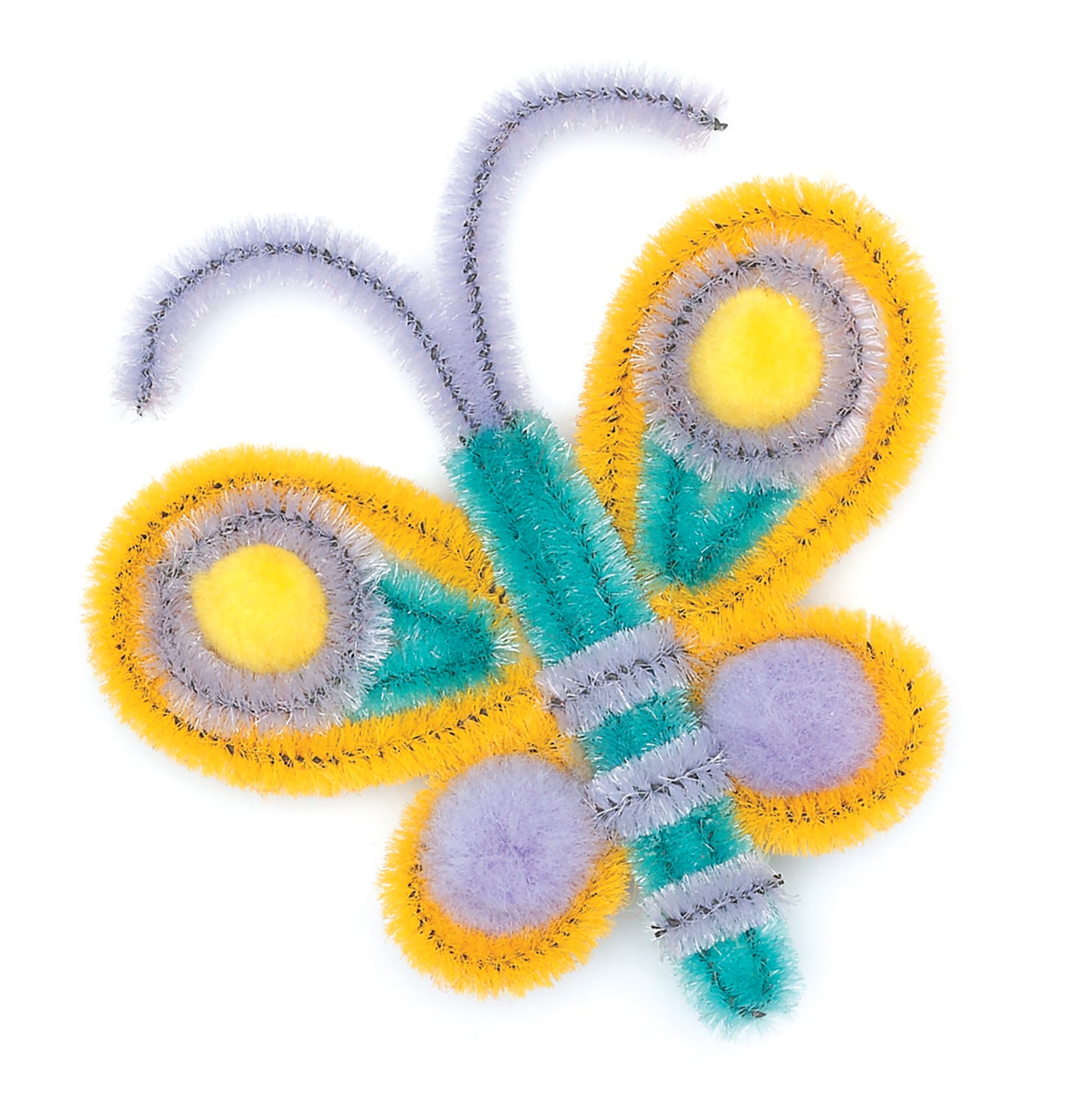 Leisure Arts Pom-Pom Magnets: A vibrant butterfly craft in yellow, purple, teal, and gray pipe cleaners and pom-poms—perfect for pom-pom crafts fans—displayed on a white background.