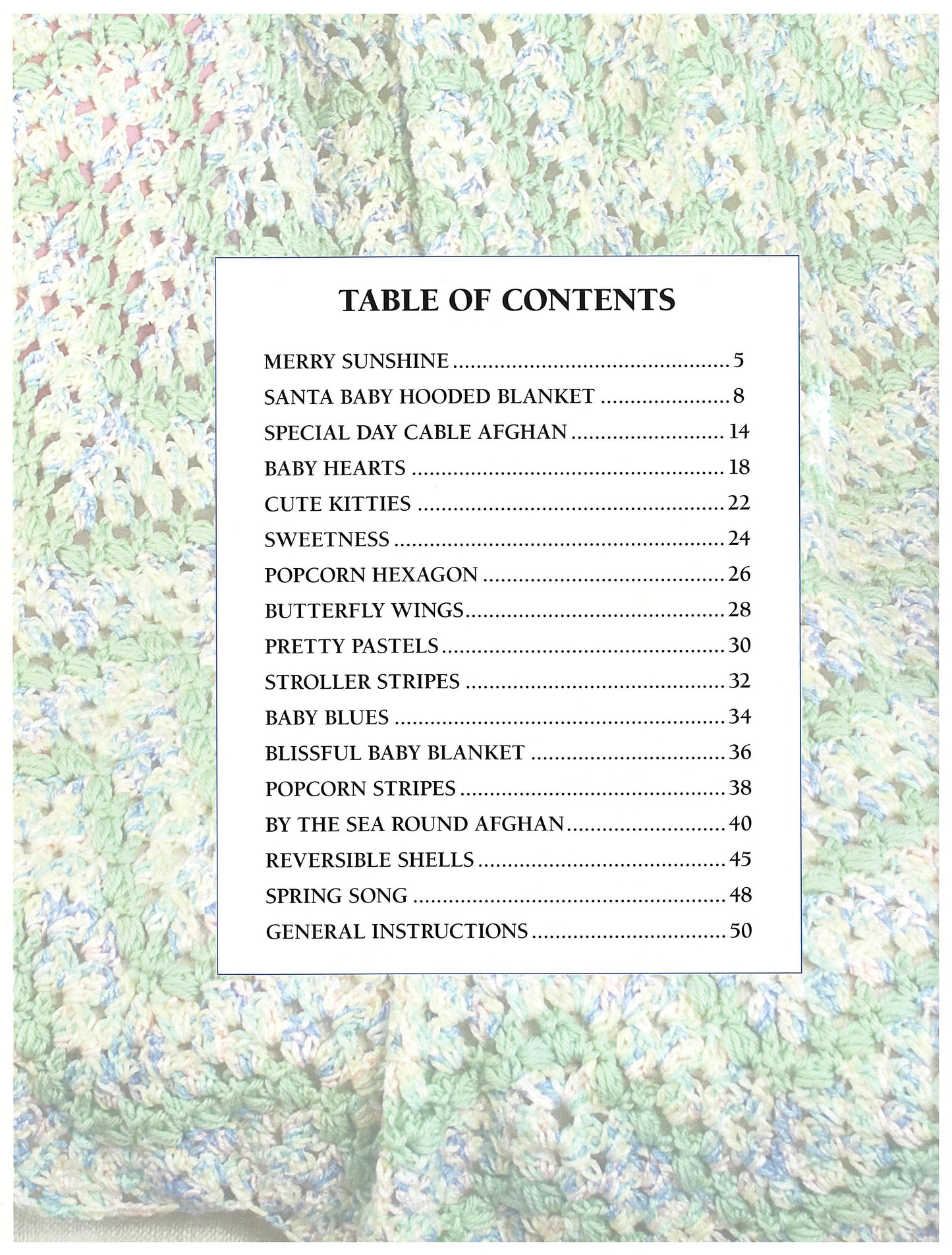The table of contents for the "24-Hour Baby Afghans" digital download by Leisure Arts appears atop a pastel crocheted blanket, listing 15 crochet patterns from Merry Sunshine to General Instructions with page numbers.