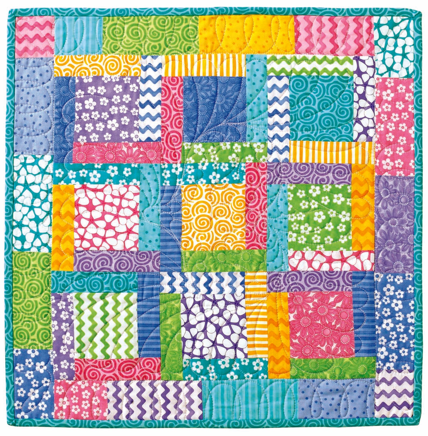 The Leisure Arts Three Times the Charm Quilt Projects Digital Download features vibrant patchwork designs with swirls, chevrons, polka dots, and florals—ideal for beginner quilters or charming baby shower gifts in blue, pink, green, purple, orange & white.