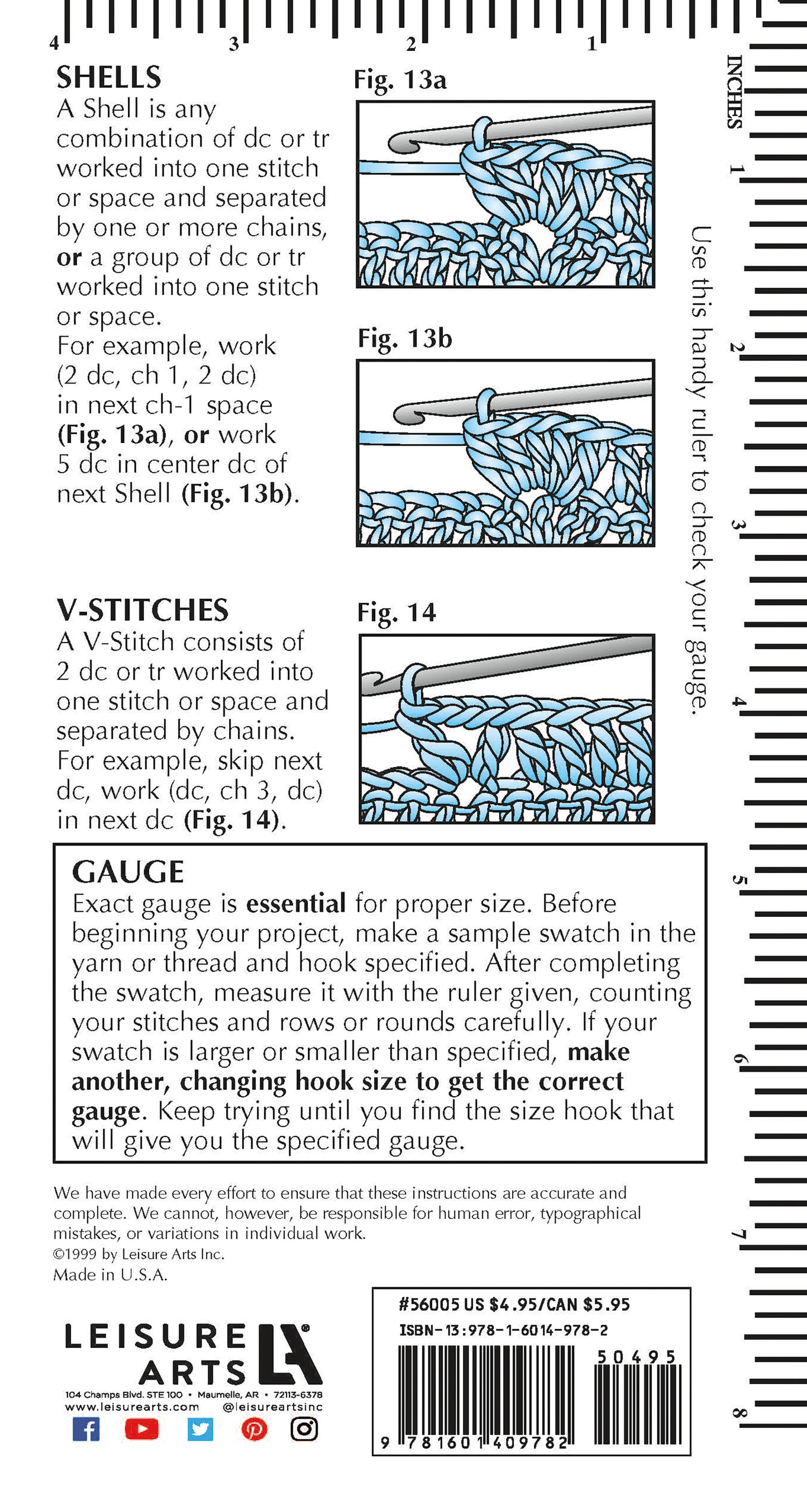 Back cover of the Crochet Pocket Guide Digital Download by Leisure Arts. Features stitch diagrams for shells and V-stitches, clear instructions, and a printable ruler for checking gauge—perfect for learning essential crochet stitches anywhere.