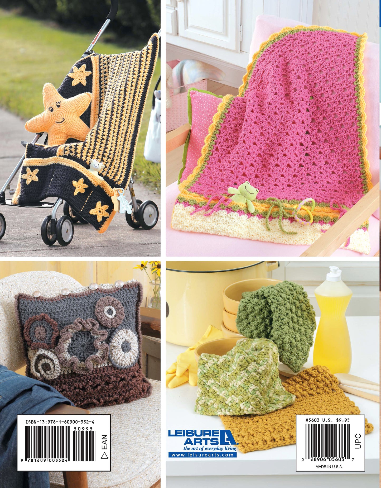 A collage features cozy projects from "Crochet Textures for Home & Baby" by Leisure Arts: a stroller with a starfish toy and striped blanket, a chair with a pink-and-yellow afghan and frog toy, crochet gear pillow, and worsted dishcloths.