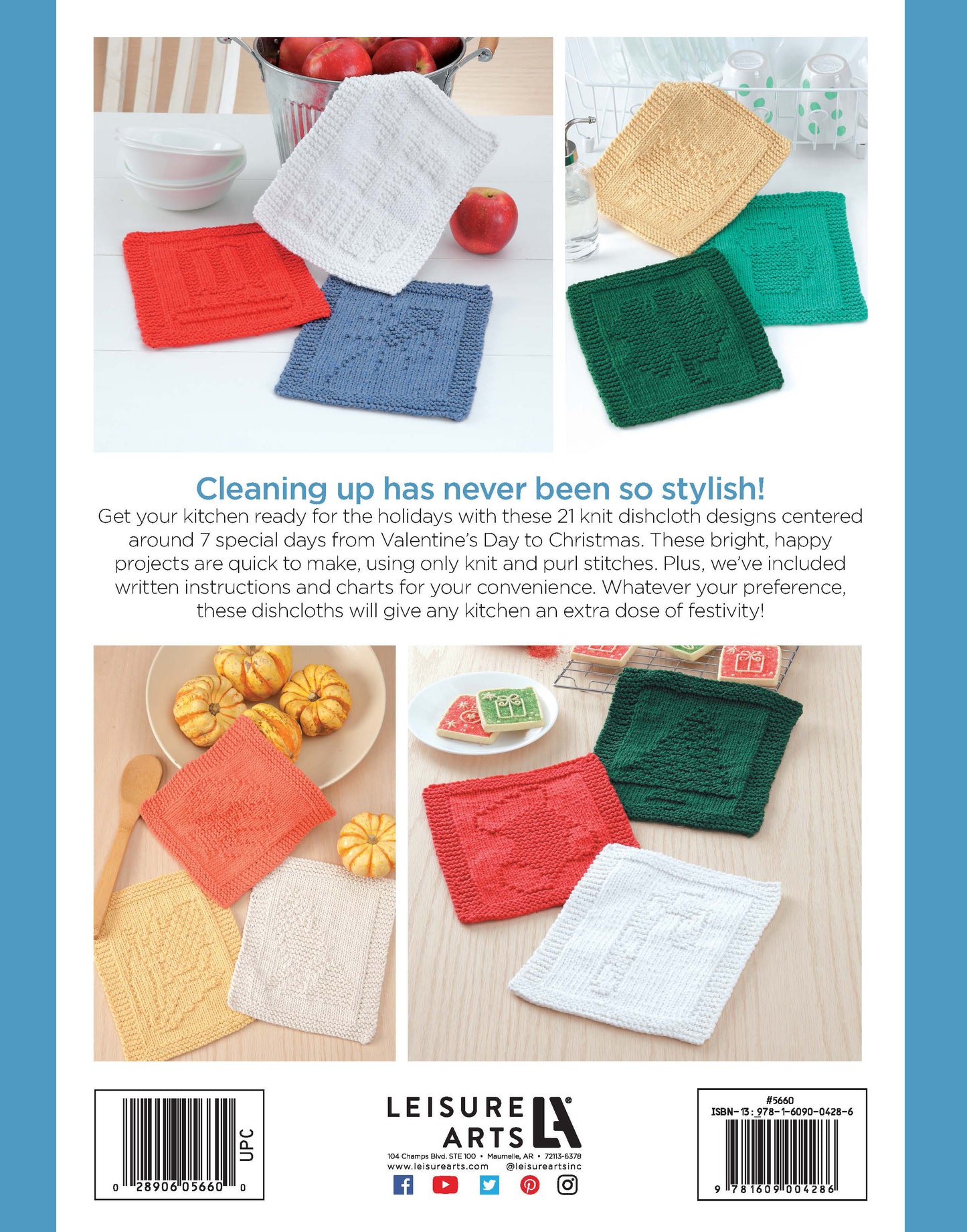 Leisure Arts' Dishcloths for Special Days Digital Download features four colorful knitted dishcloths in red, white, beige, and green—quick, easy patterns perfect for year-round gifts for any occasion.